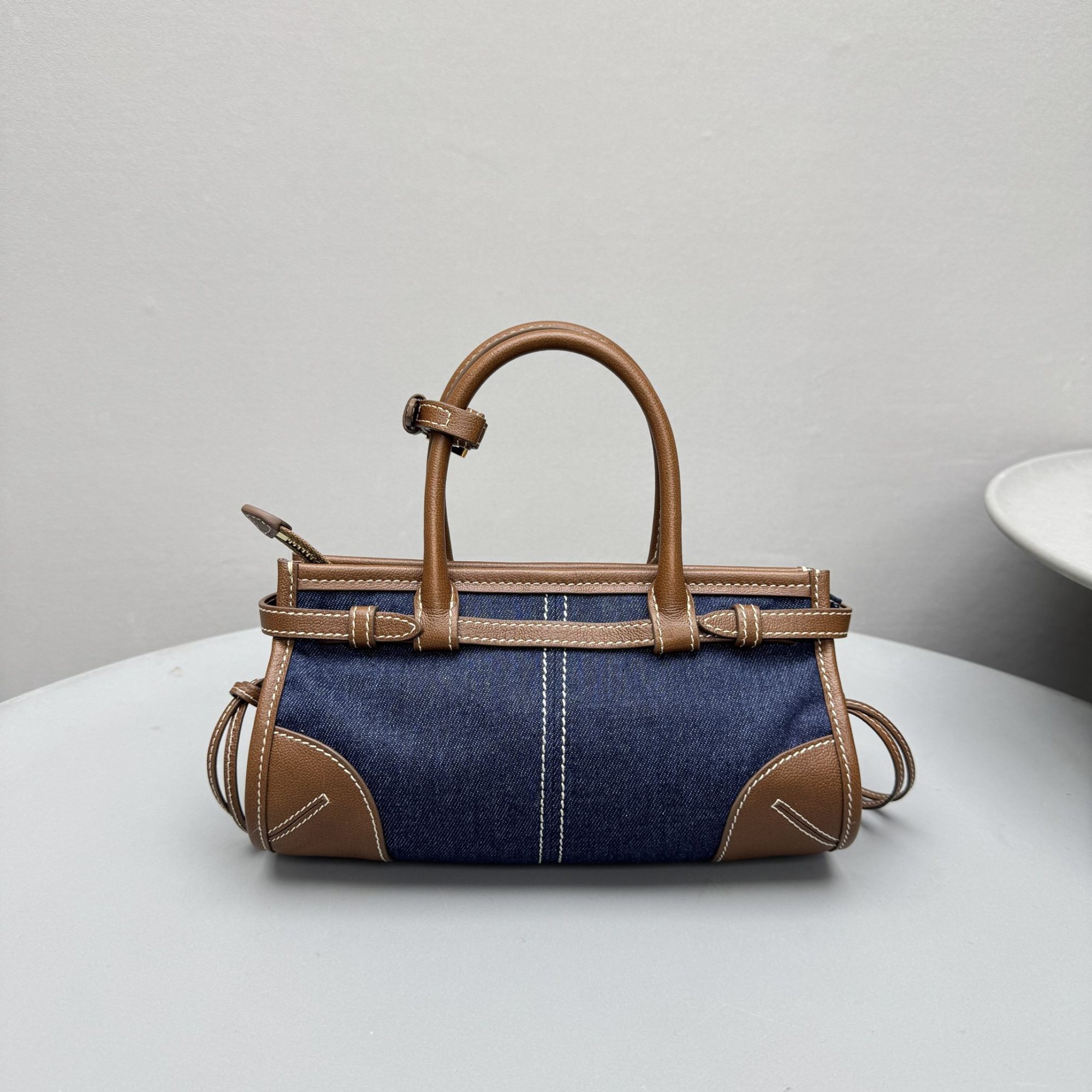 PRADA Blue/Coffee Bonnie small denim and leather handbag - image 3