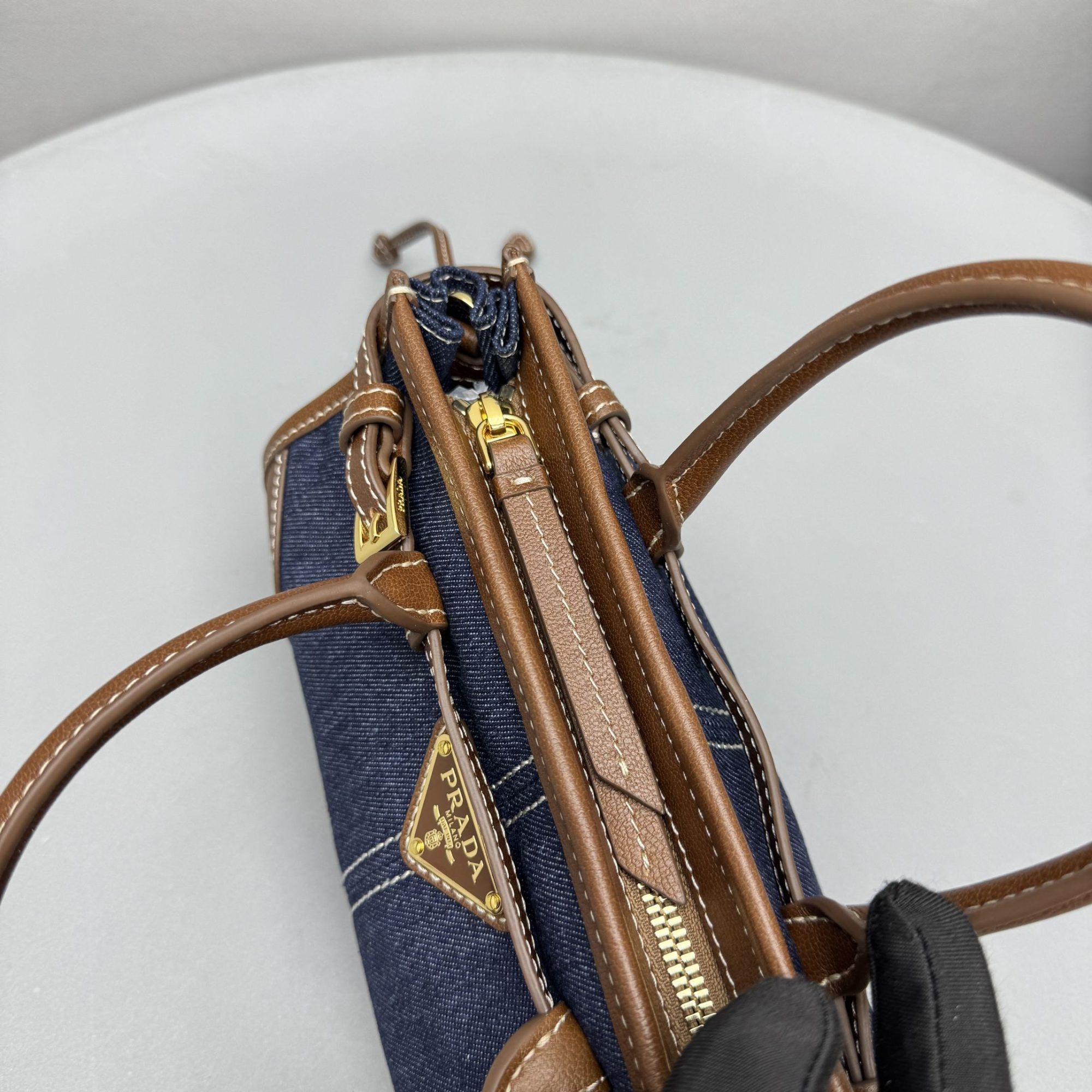 PRADA Blue/Coffee Bonnie small denim and leather handbag - image 6