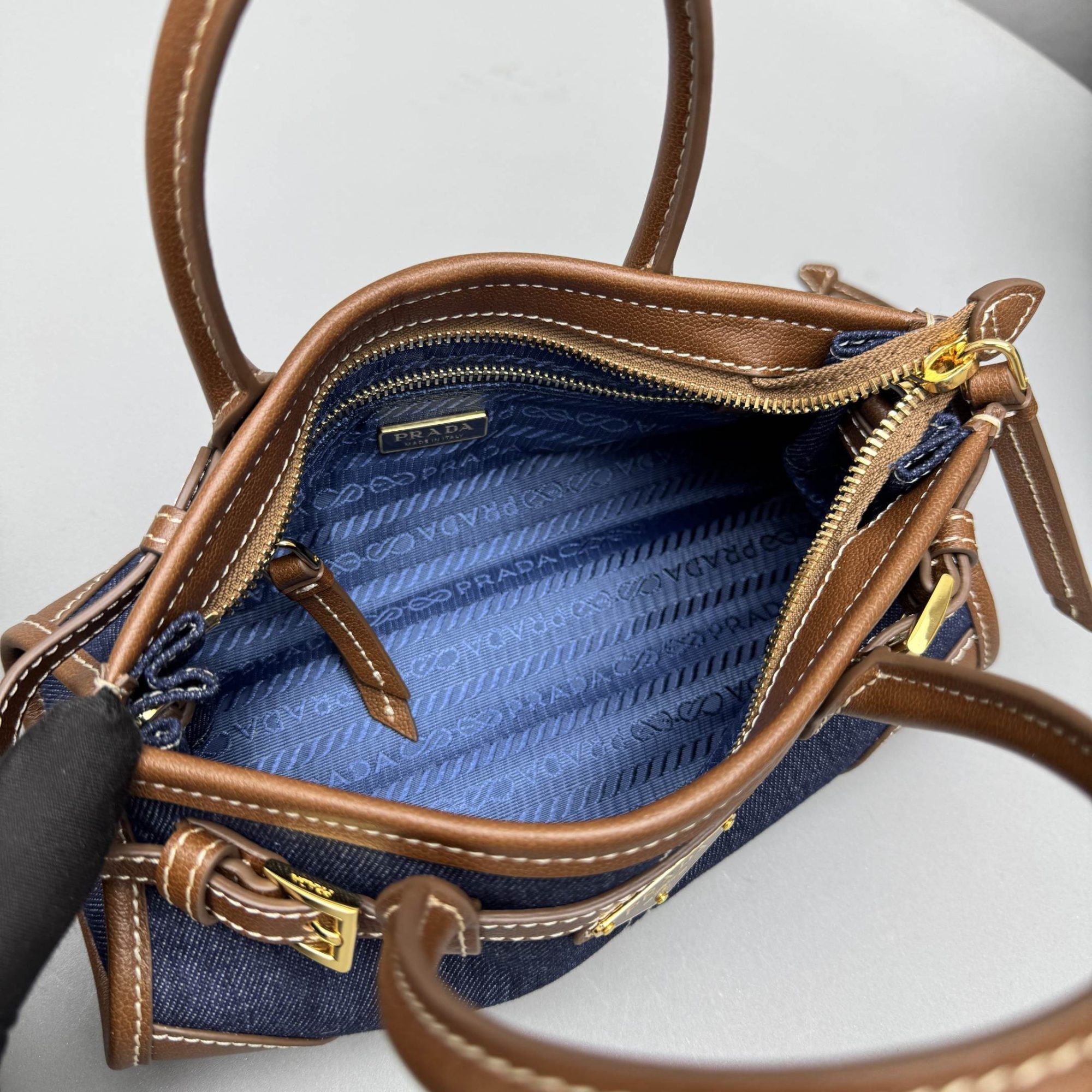 PRADA Blue/Coffee Bonnie small denim and leather handbag - image 7