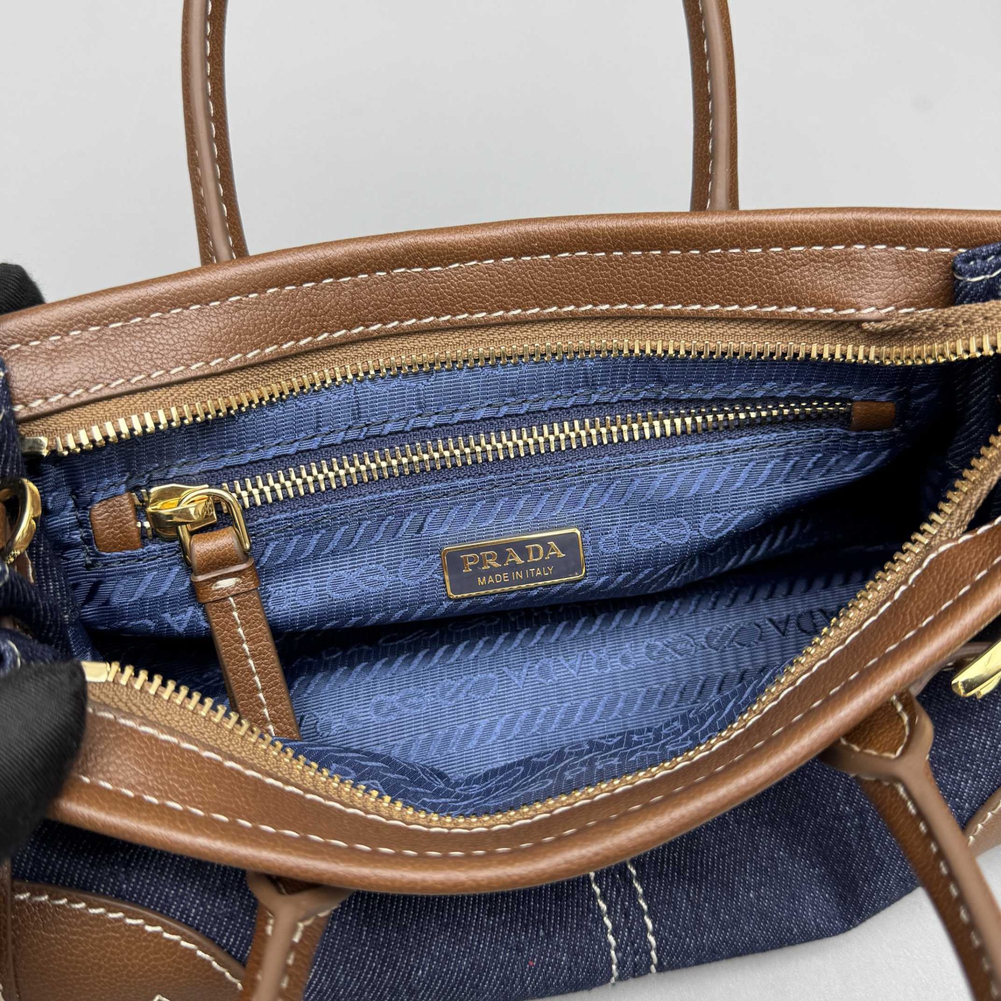 PRADA Blue/Coffee Bonnie small denim and leather handbag - image 8