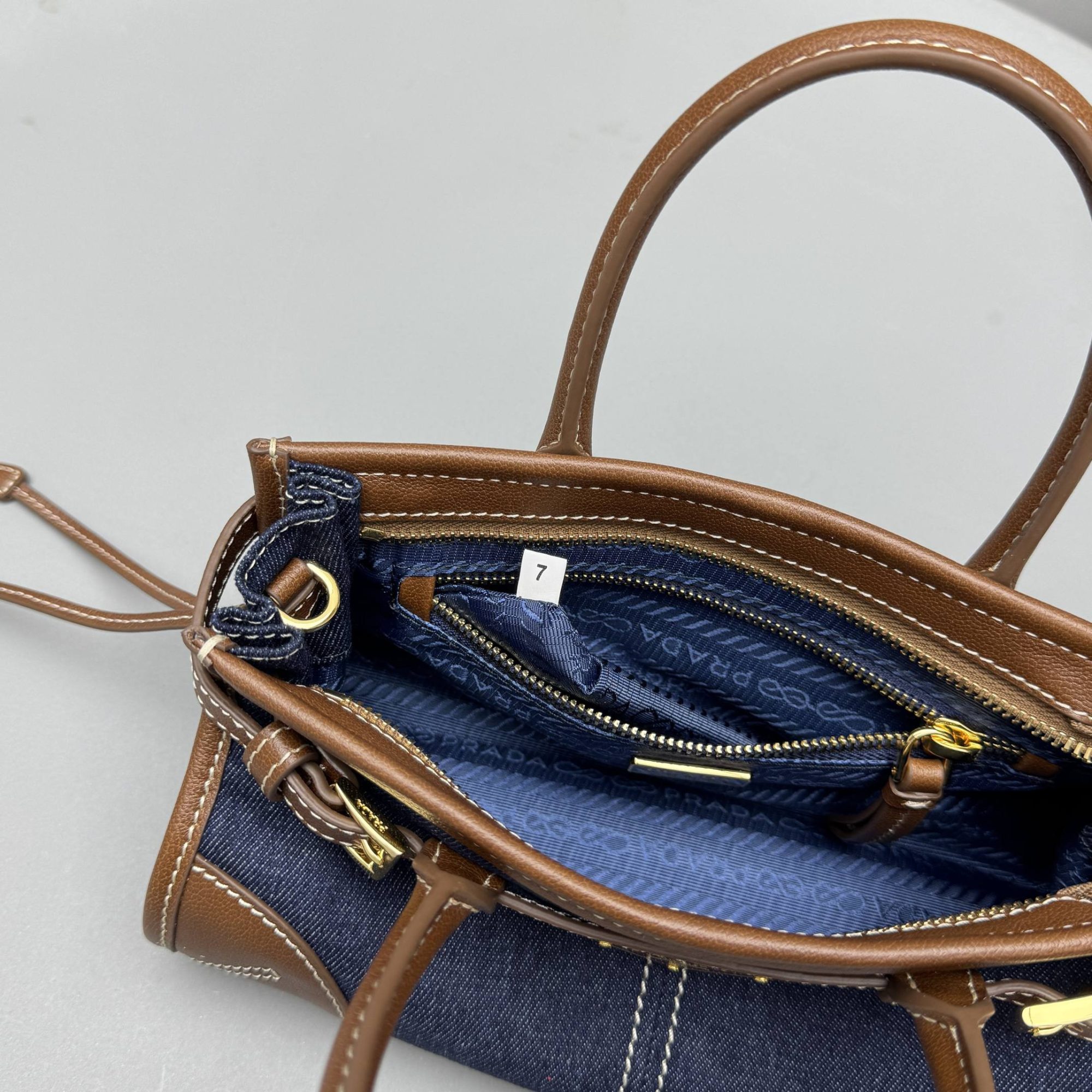 PRADA Blue/Coffee Bonnie small denim and leather handbag - image 9
