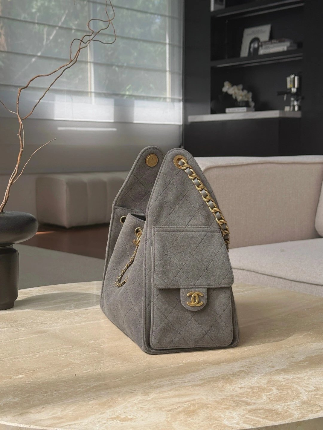 CHANEL 25 HandBag Suede in Grey - image 4