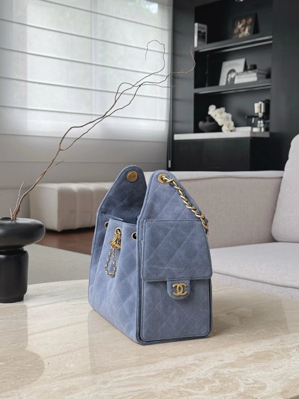 CHANEL 25 Hand Bag Suede-Blue - image 4