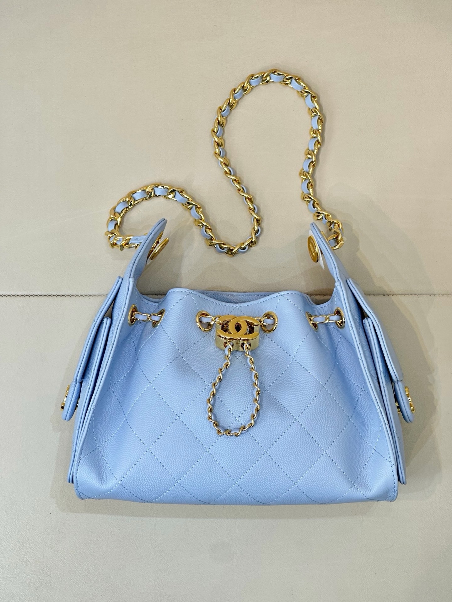 CHANEL 25 Handbag MINI Light Blue Calfskin Light Gold Hardware - image 2