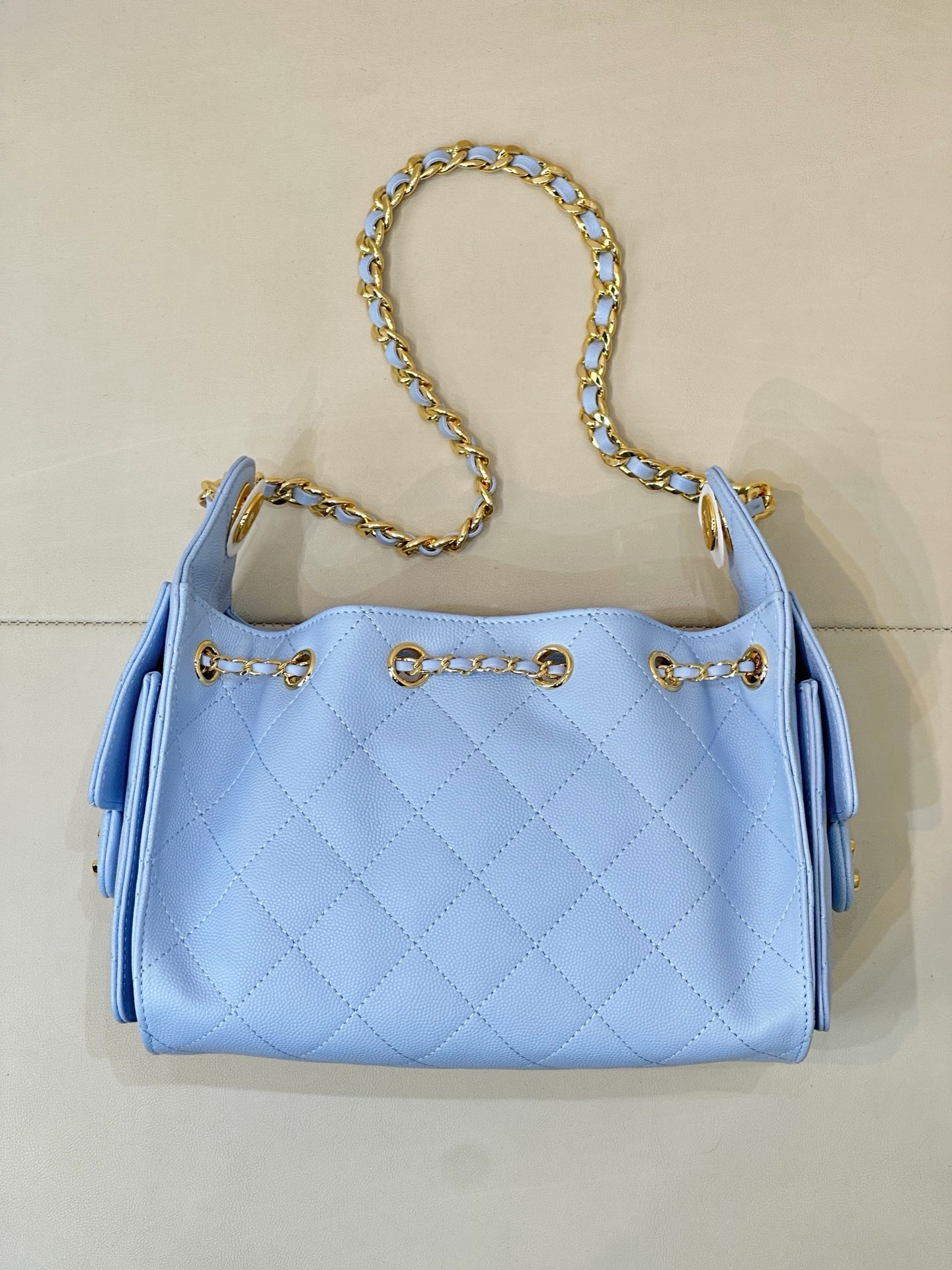 CHANEL 25 Handbag MINI Light Blue Calfskin Light Gold Hardware - image 3