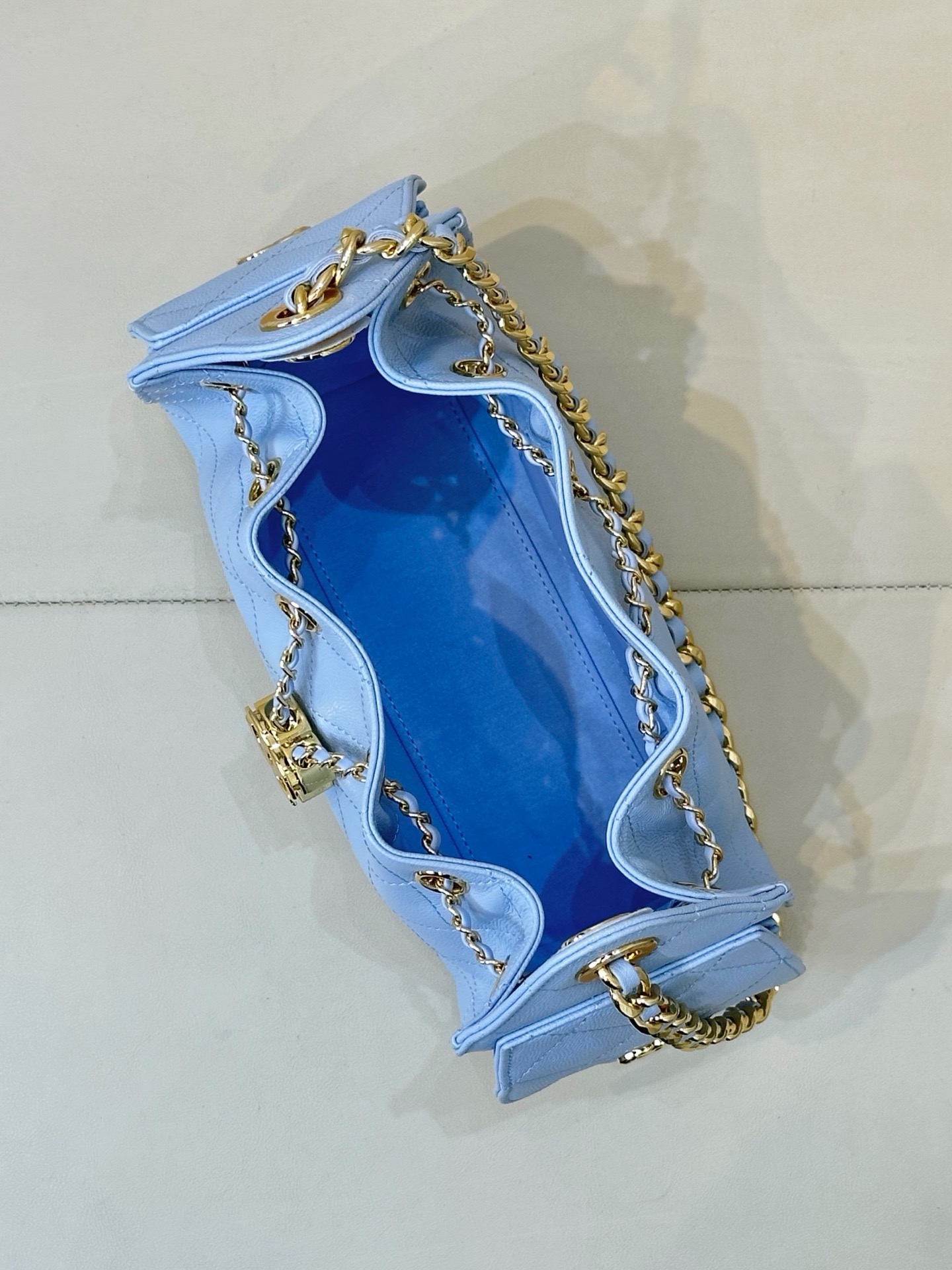 CHANEL 25 Handbag MINI Light Blue Calfskin Light Gold Hardware - image 6