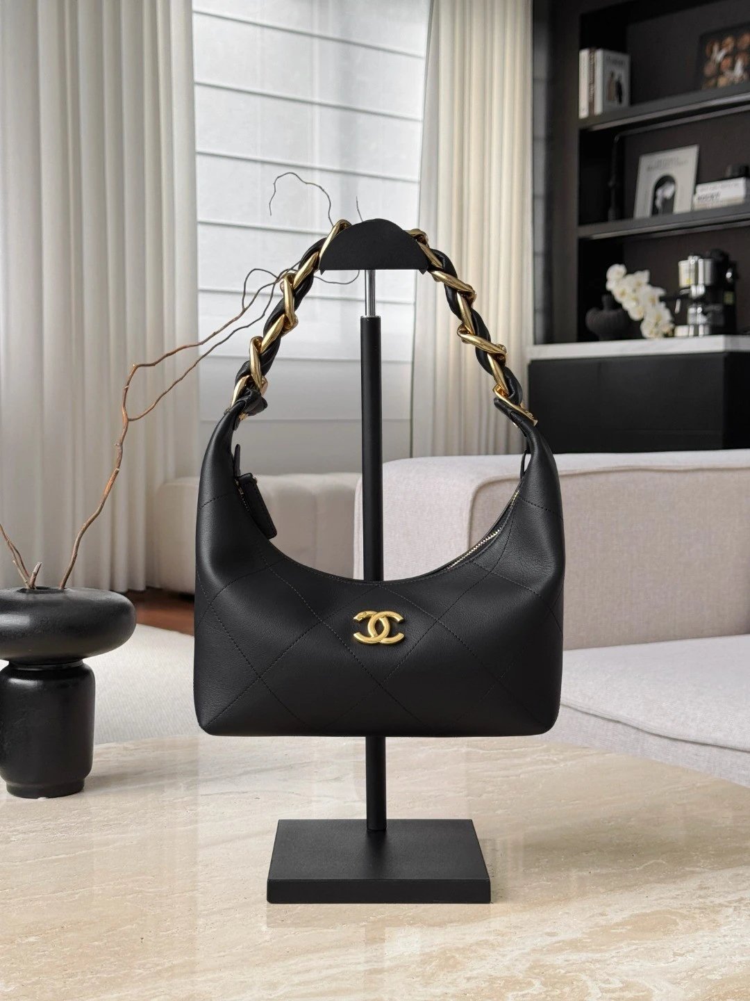 CHANEL 25K Hobo Bag Black Calfskin - image 2