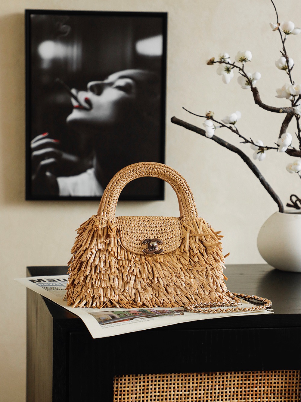 CHANEL MINI Fringe Kelly Dark Beige Raffia Wood - image 2