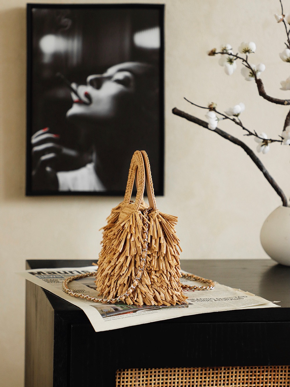 CHANEL MINI Fringe Kelly Dark Beige Raffia Wood - image 3