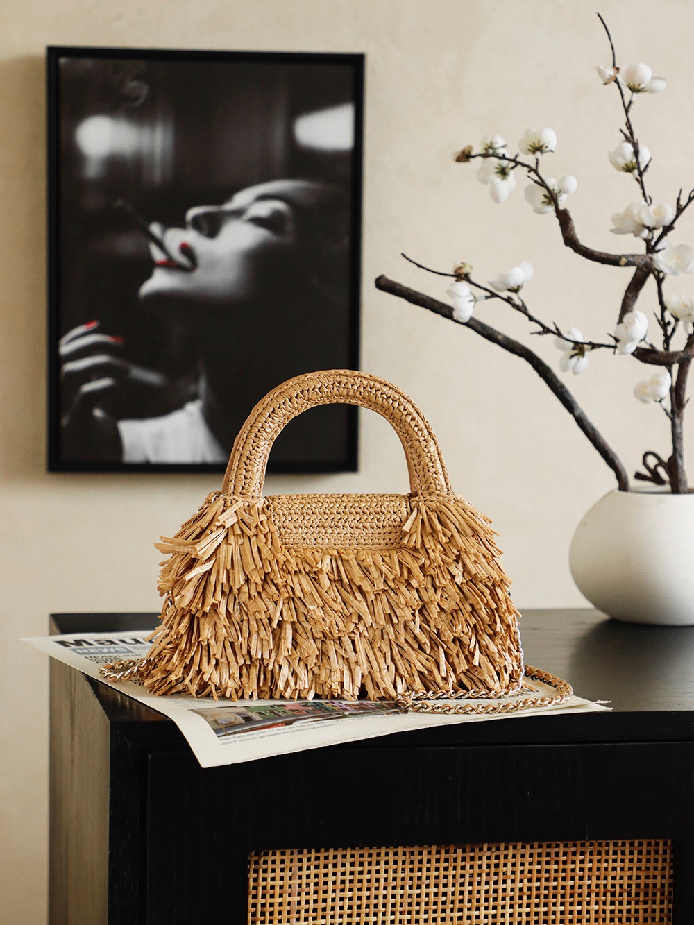 CHANEL MINI Fringe Kelly Dark Beige Raffia Wood - image 4