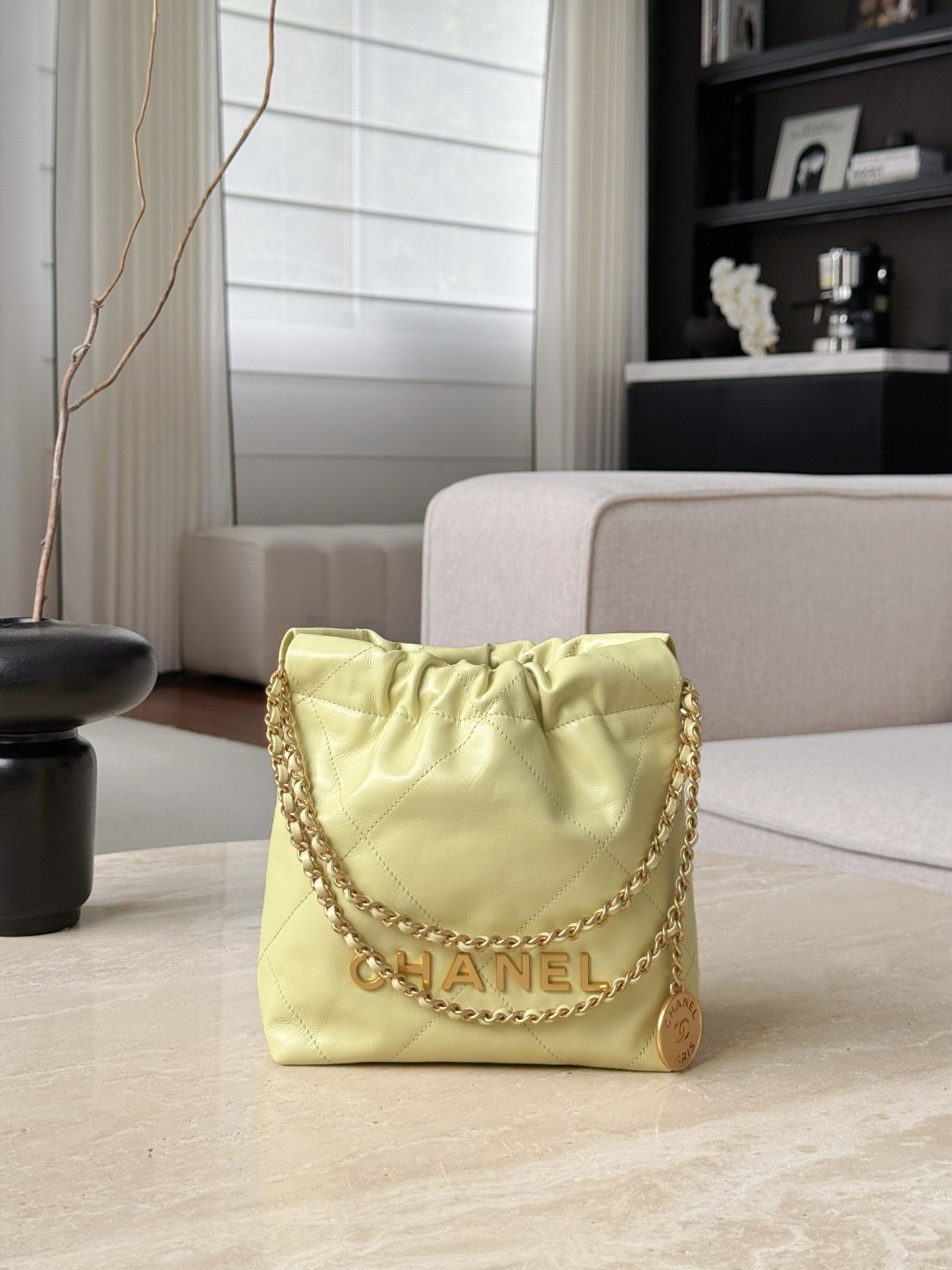 CHANEL Shiny Calfskin Quilted Mini 22 In Chick Yellow - image 2