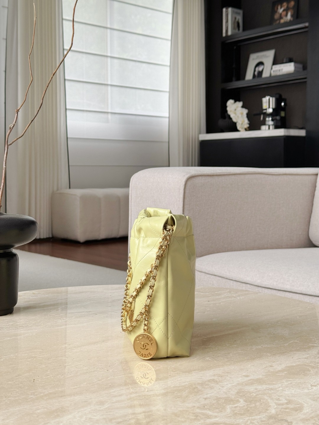 CHANEL Shiny Calfskin Quilted Mini 22 In Chick Yellow - image 4