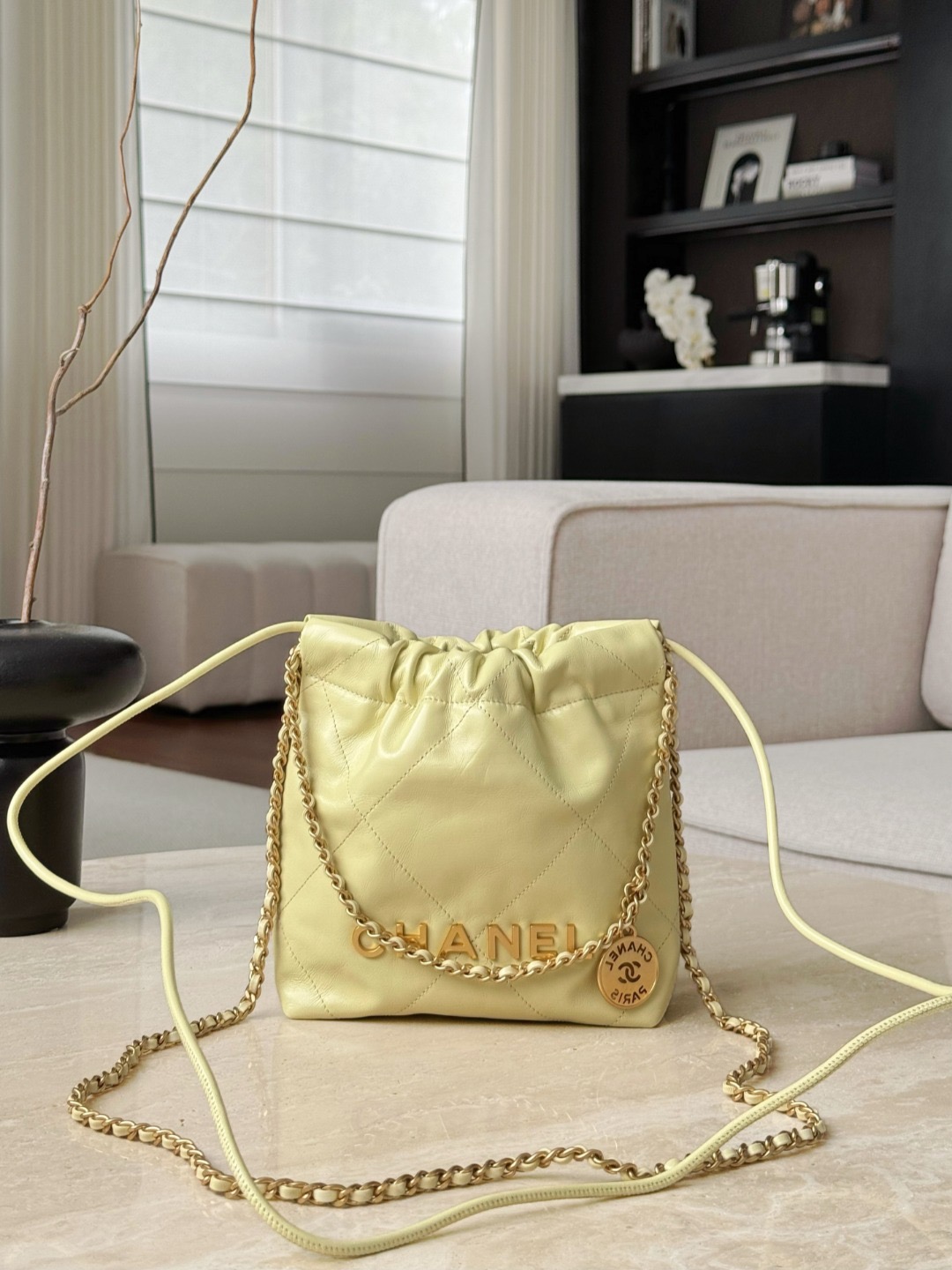 CHANEL Shiny Calfskin Quilted Mini 22 In Chick Yellow - image 7