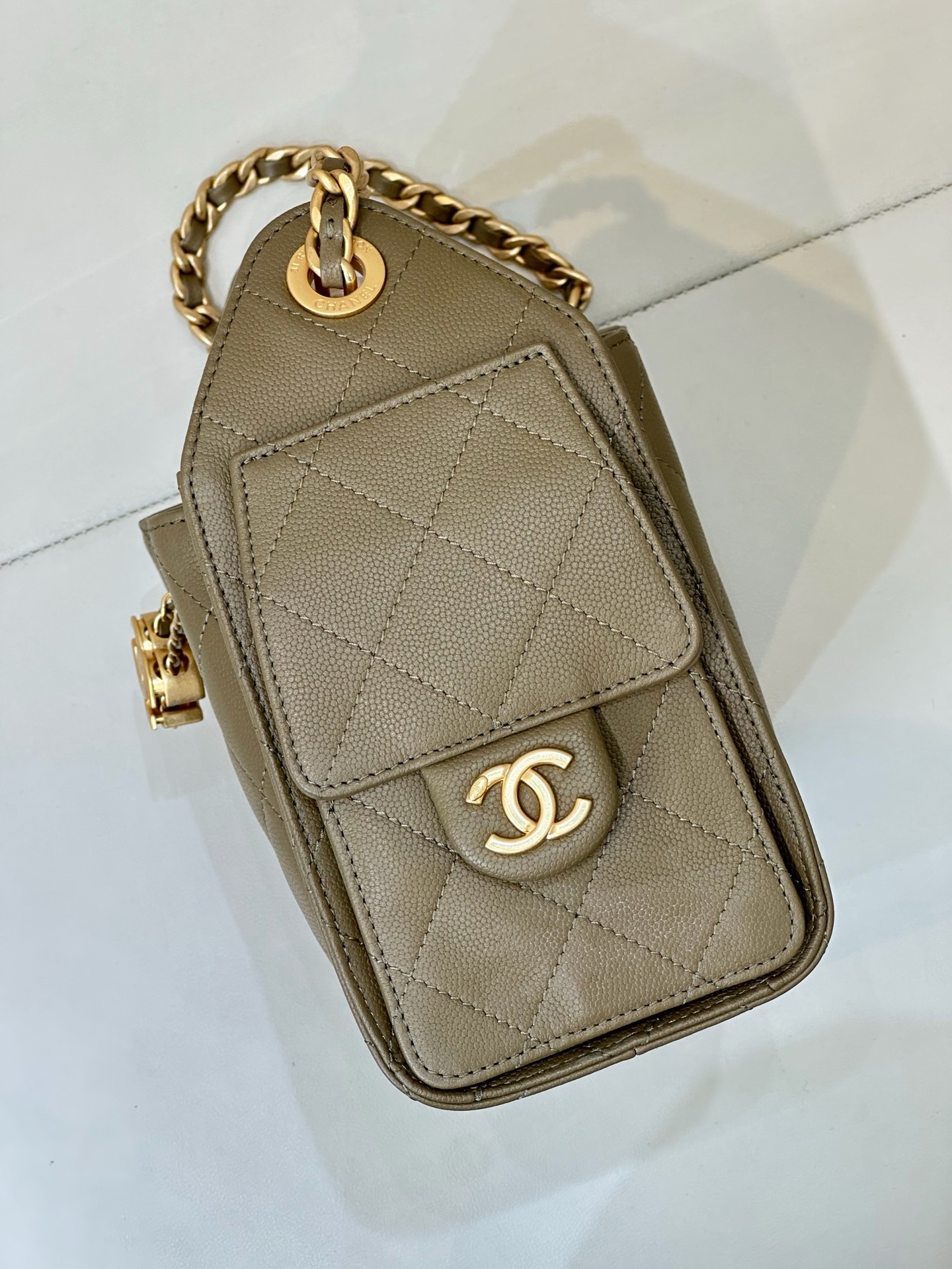 CHANEL 25 Handbag MINI Khaki Calfskin Gold Hardware - image 4
