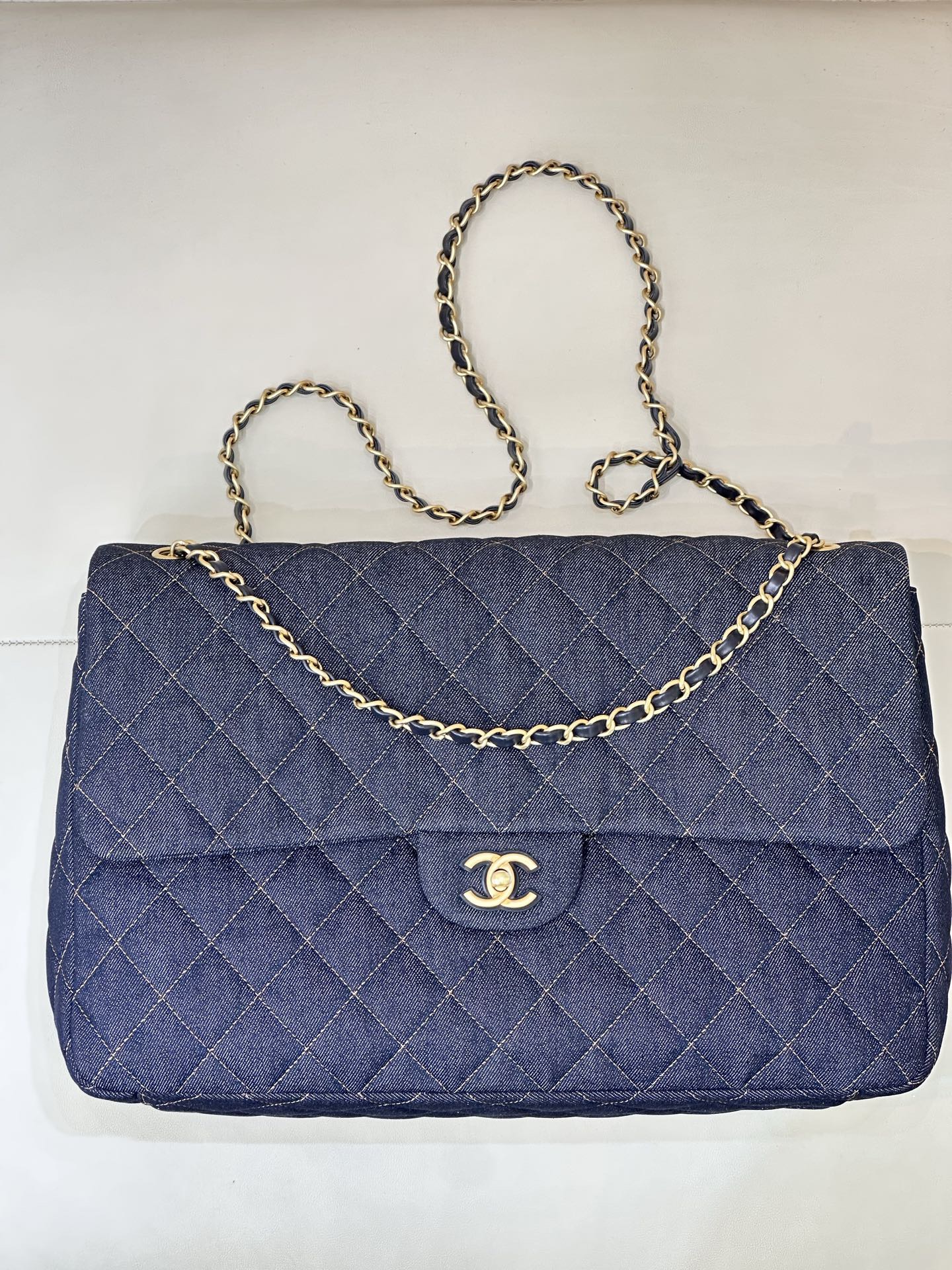 CHANEL MAXI FLAP BAG Denim Dark Blue and Orange - image 2
