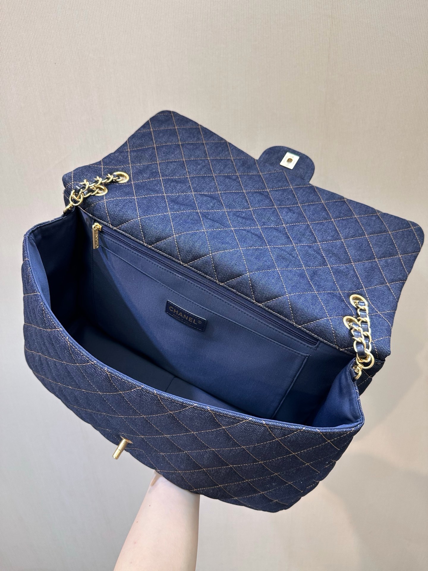 CHANEL MAXI FLAP BAG Denim Dark Blue and Orange - image 6