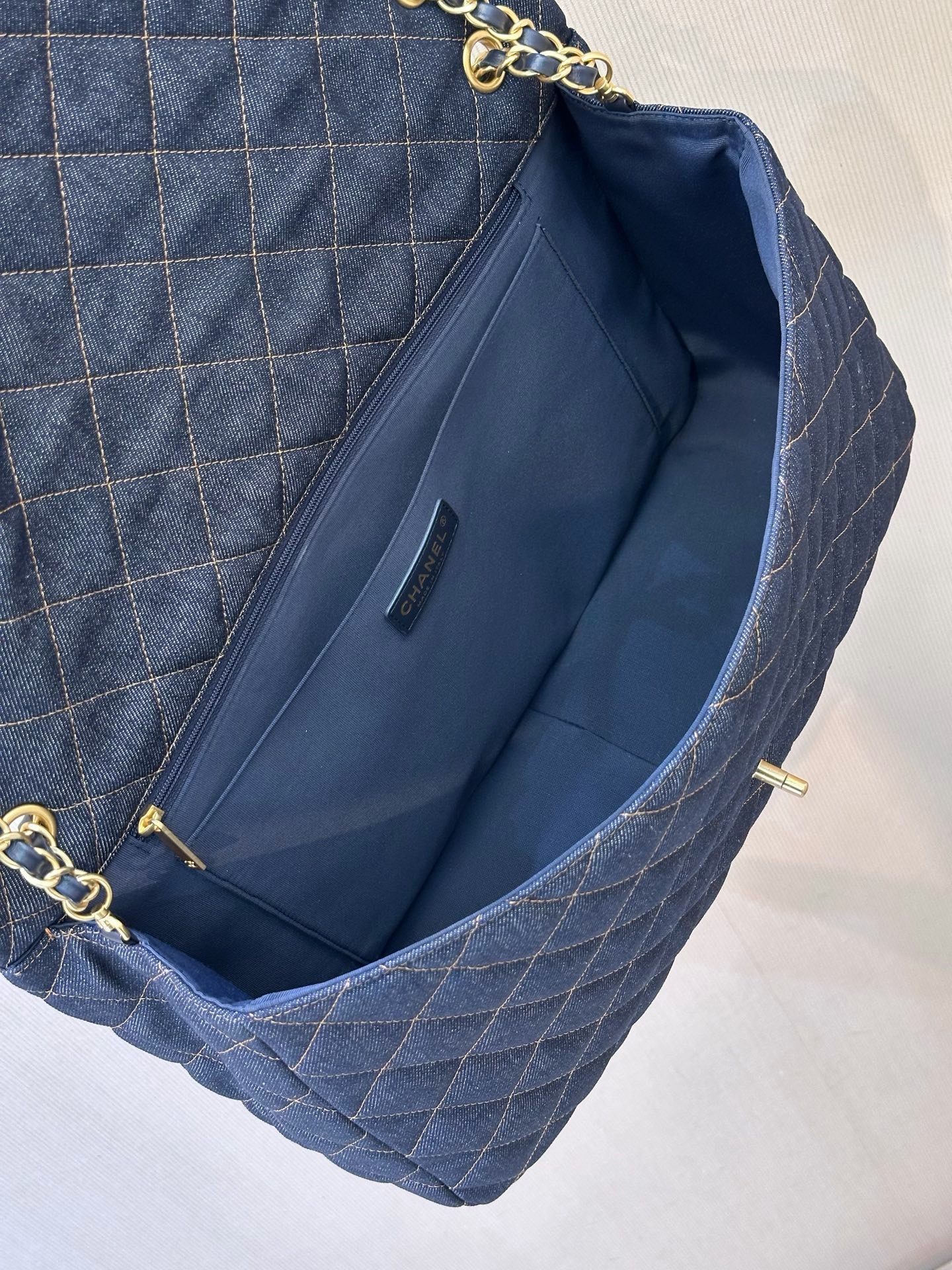 CHANEL MAXI FLAP BAG Denim Dark Blue and Orange - image 7