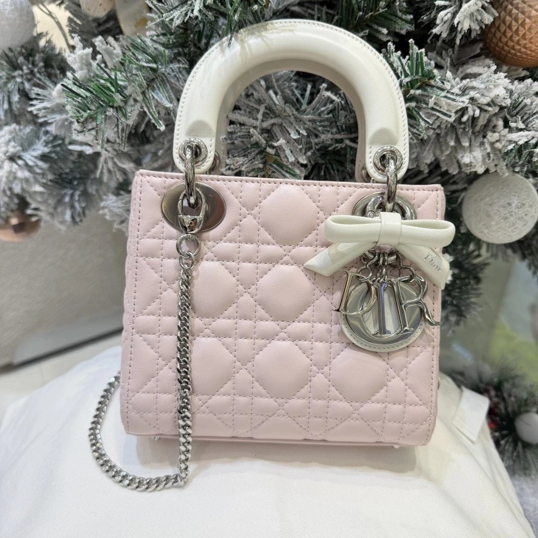 Mini Lady Dior Bag with Chain Two-Tone White and Pink Cannage Lambskin - image 2