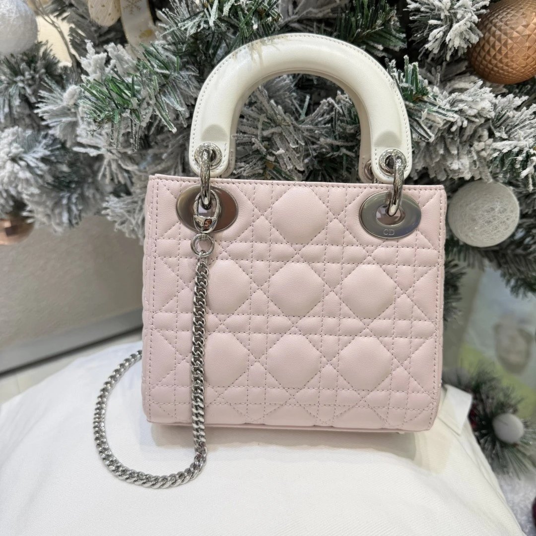 Mini Lady Dior Bag with Chain Two-Tone White and Pink Cannage Lambskin - image 3