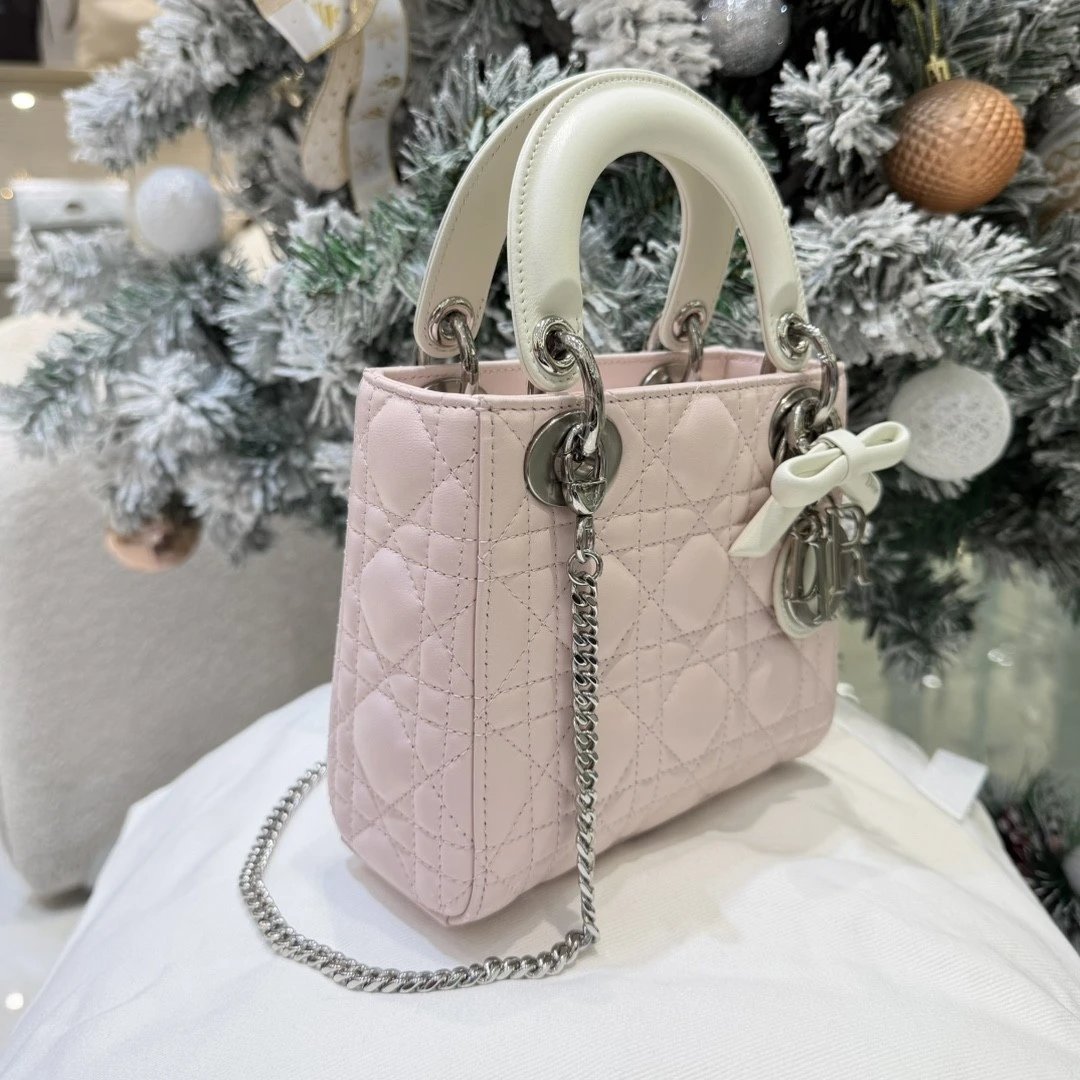 Mini Lady Dior Bag with Chain Two-Tone White and Pink Cannage Lambskin - image 4