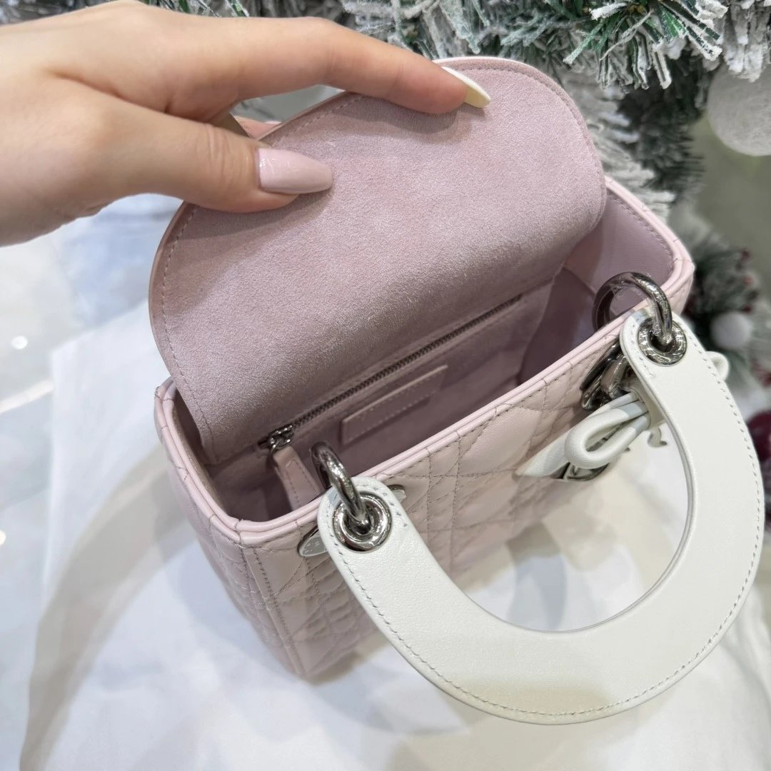 Mini Lady Dior Bag with Chain Two-Tone White and Pink Cannage Lambskin - image 7