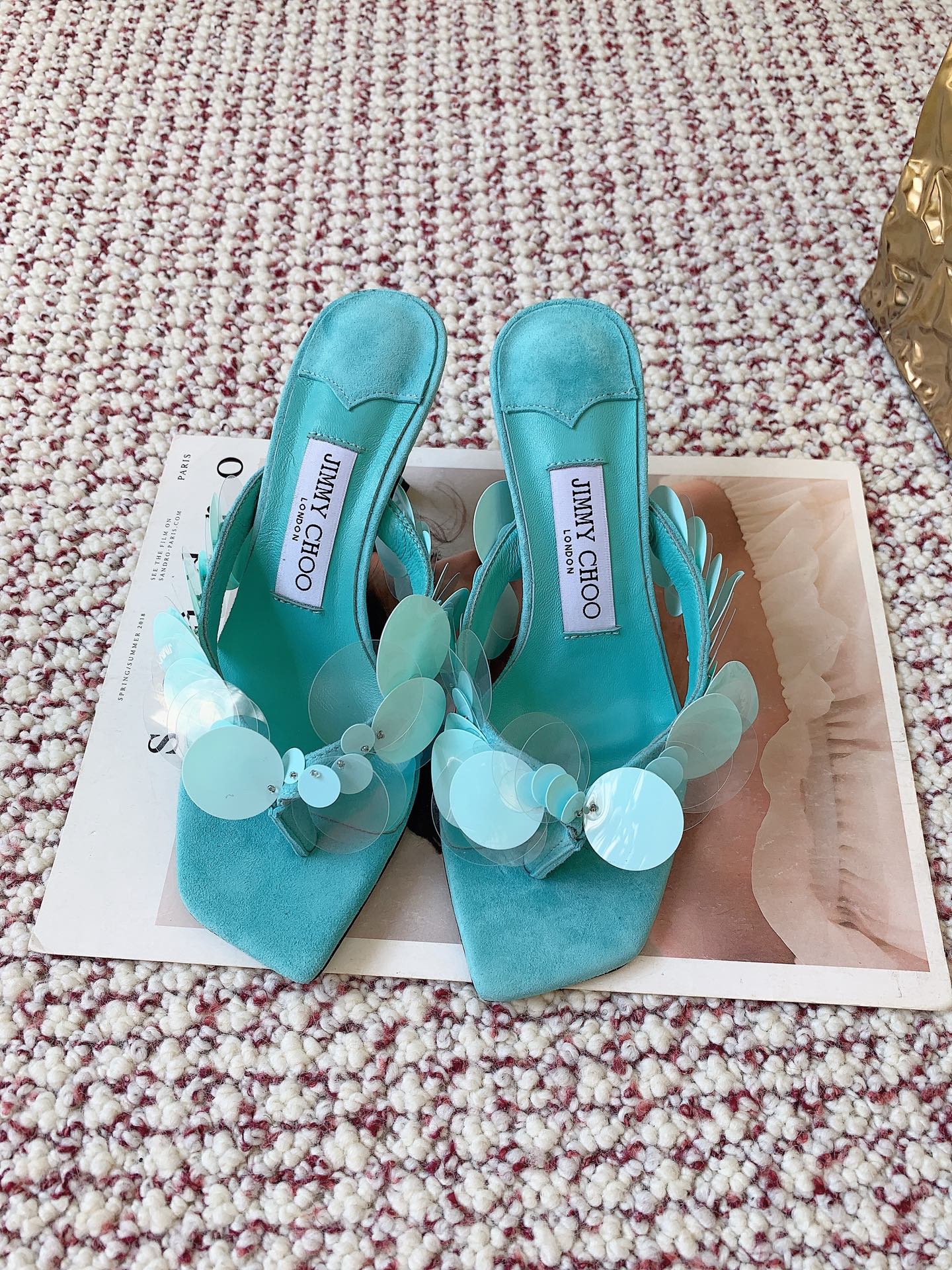 JIMMY CHOO Freja 70 Aqua Green Suede Paillette Sandals - image 2