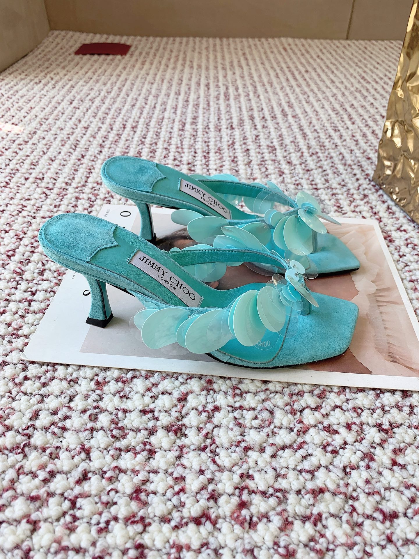 JIMMY CHOO Freja 70 Aqua Green Suede Paillette Sandals - image 3
