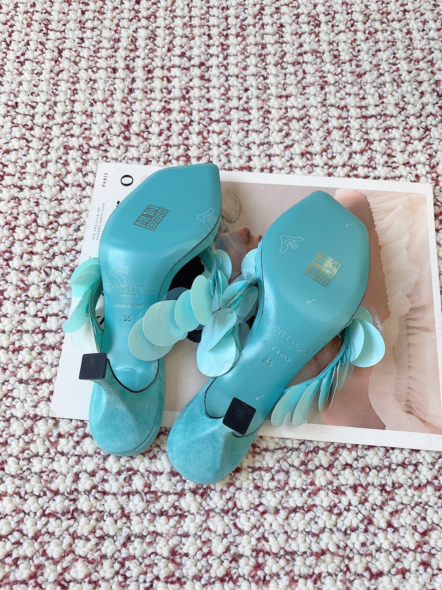 JIMMY CHOO Freja 70 Aqua Green Suede Paillette Sandals - image 5