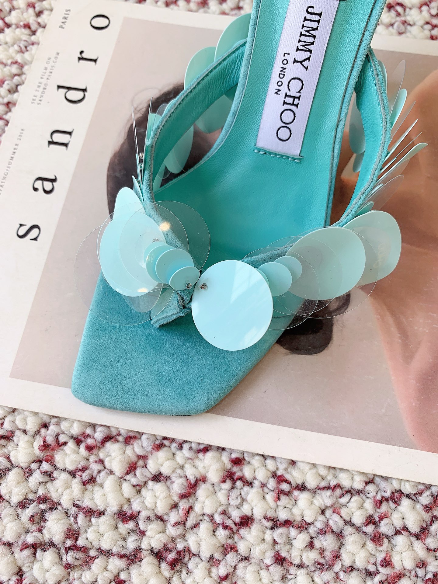 JIMMY CHOO Freja 70 Aqua Green Suede Paillette Sandals - image 6