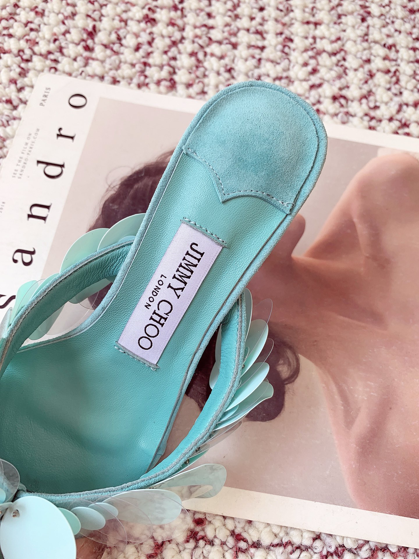 JIMMY CHOO Freja 70 Aqua Green Suede Paillette Sandals - image 7