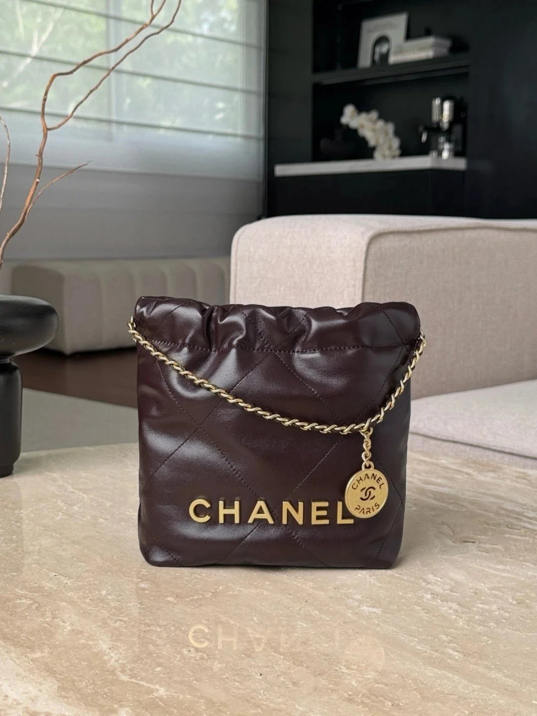 CHANEL Shiny Calfskin Quilted 22bag Dark Brown - image 2