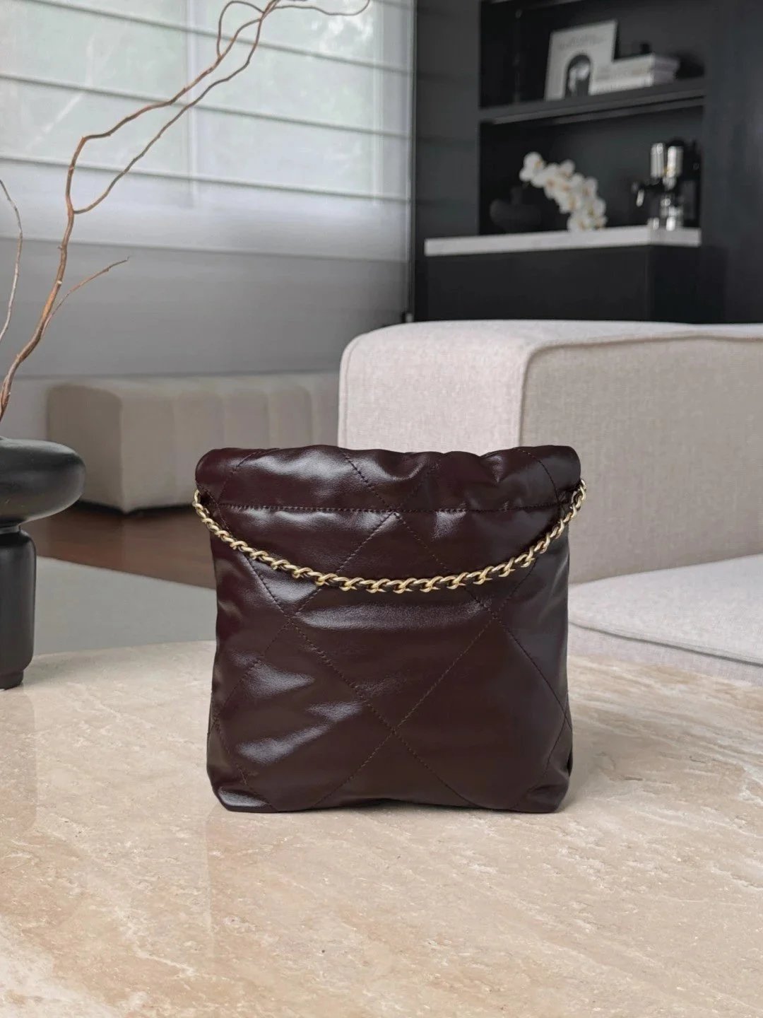 CHANEL Shiny Calfskin Quilted 22bag Dark Brown - image 3