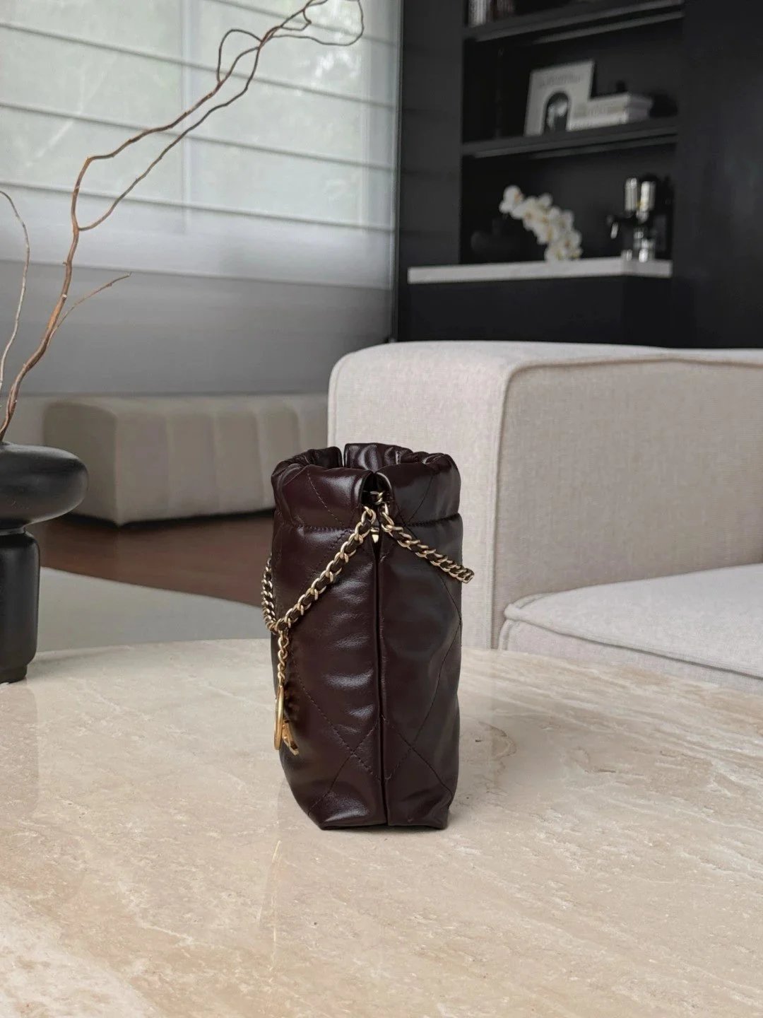 CHANEL Shiny Calfskin Quilted 22bag Dark Brown - image 4