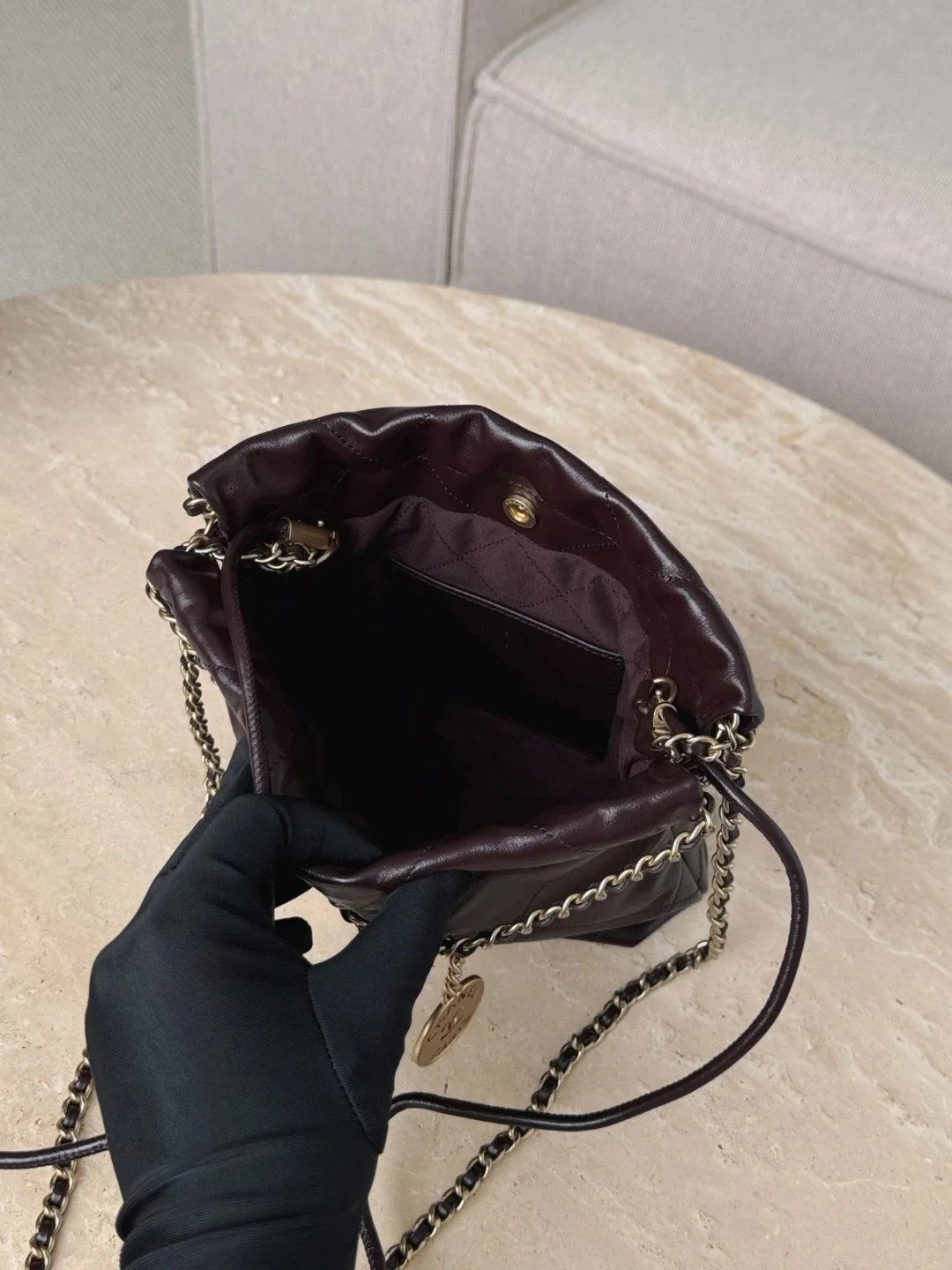 CHANEL Shiny Calfskin Quilted 22bag Dark Brown - image 6