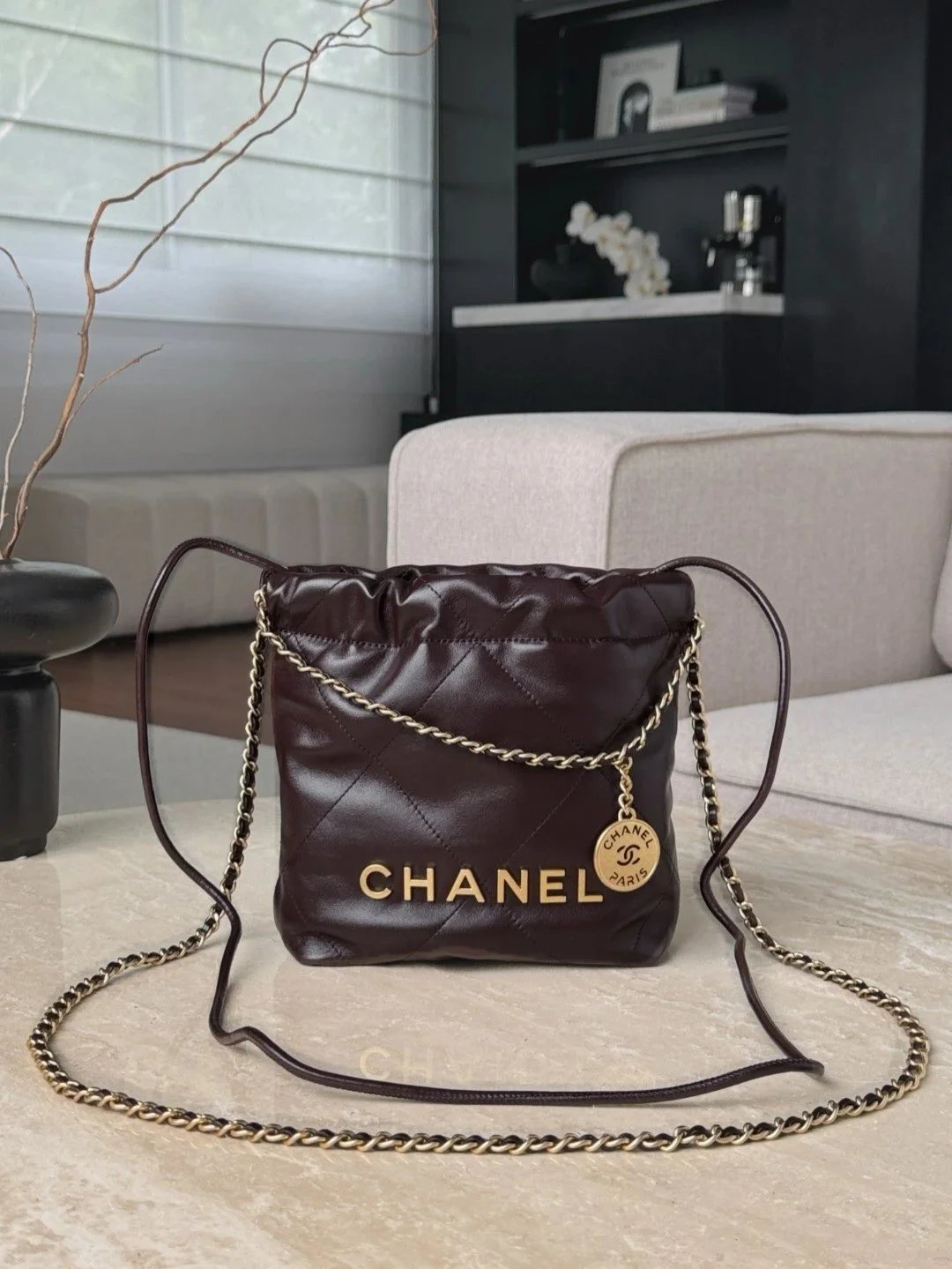 CHANEL Shiny Calfskin Quilted 22bag Dark Brown - image 7