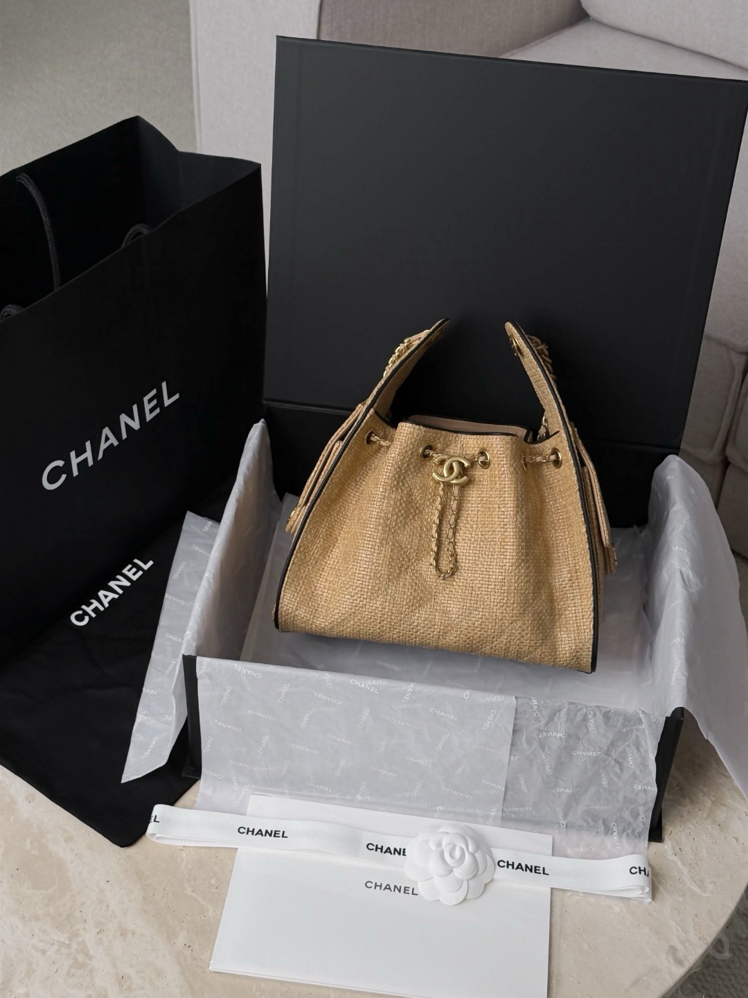 CHANEL MINI 25 Hobo Bag Beige Raffia and Black Calfskin - image 8