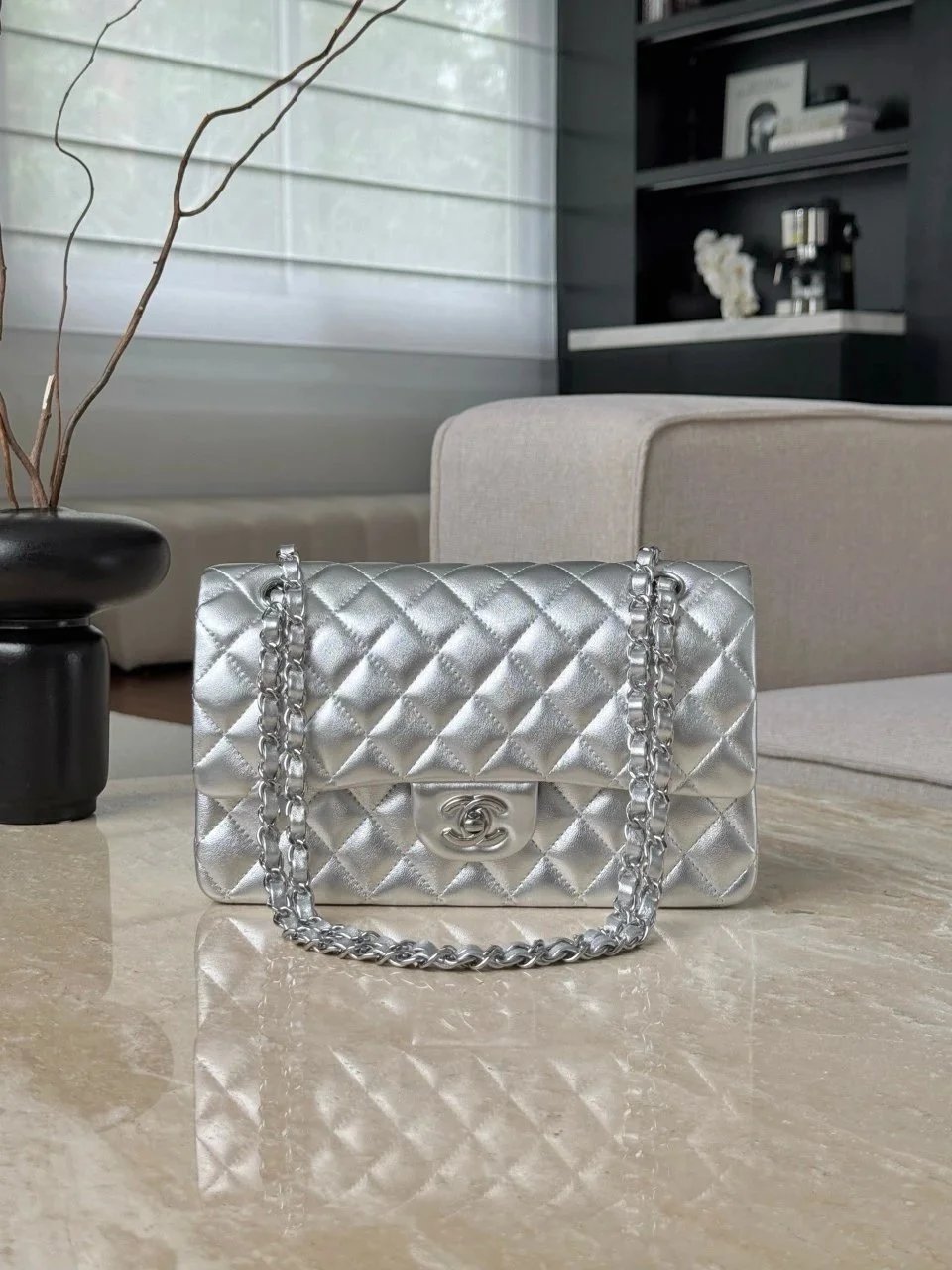 CHANEL Silver Classique Flap Medium Handbag - image 2