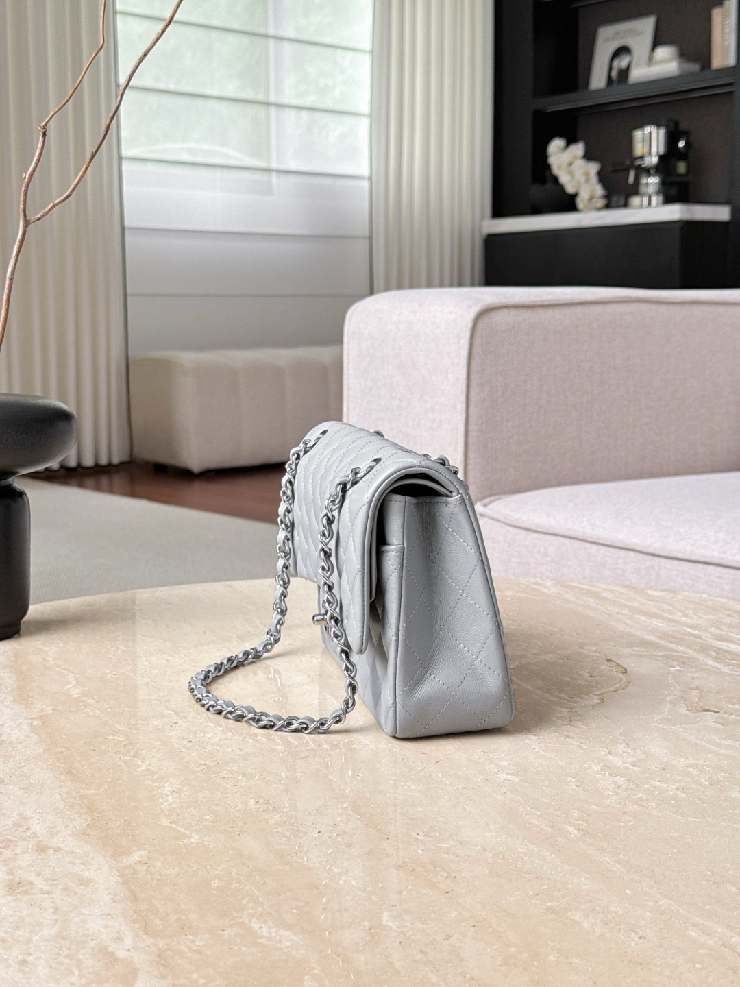CHANEL Classique Flap Medium Light Grey Caviar Leather - image 4