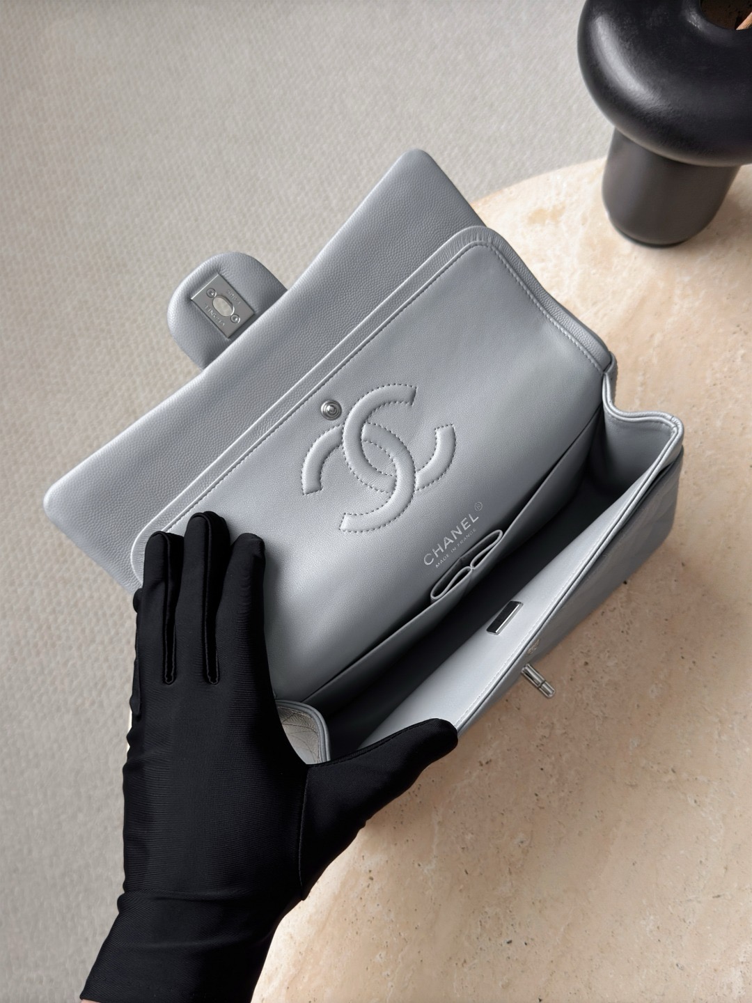 CHANEL Classique Flap Medium Light Grey Caviar Leather - image 6