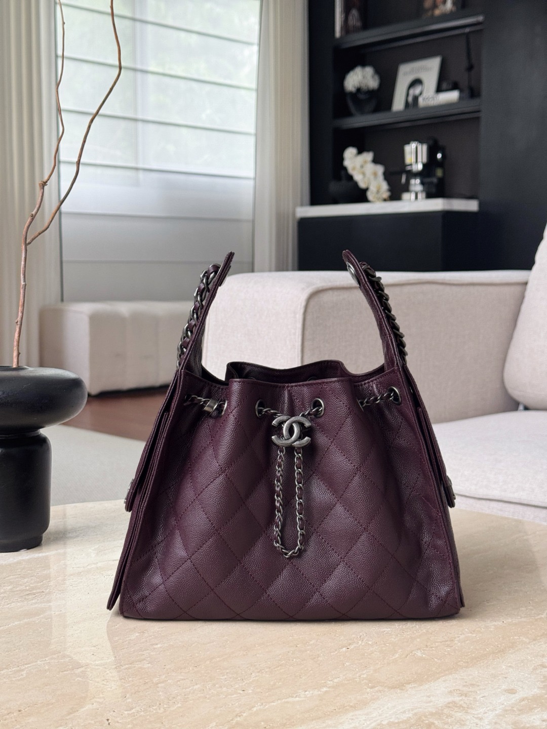 CHANEL 25 Hobo Bag Caflskin Dark Burgundy With Charcoal Color Hardware - image 2