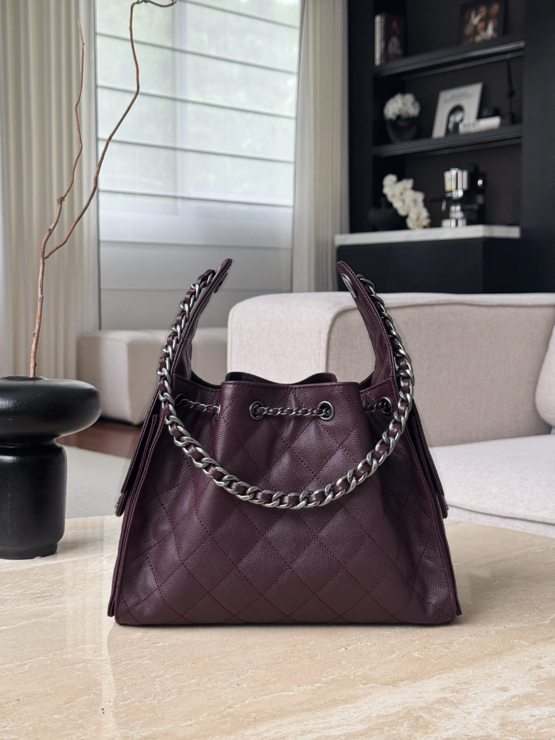 CHANEL 25 Hobo Bag Caflskin Dark Burgundy With Charcoal Color Hardware - image 3