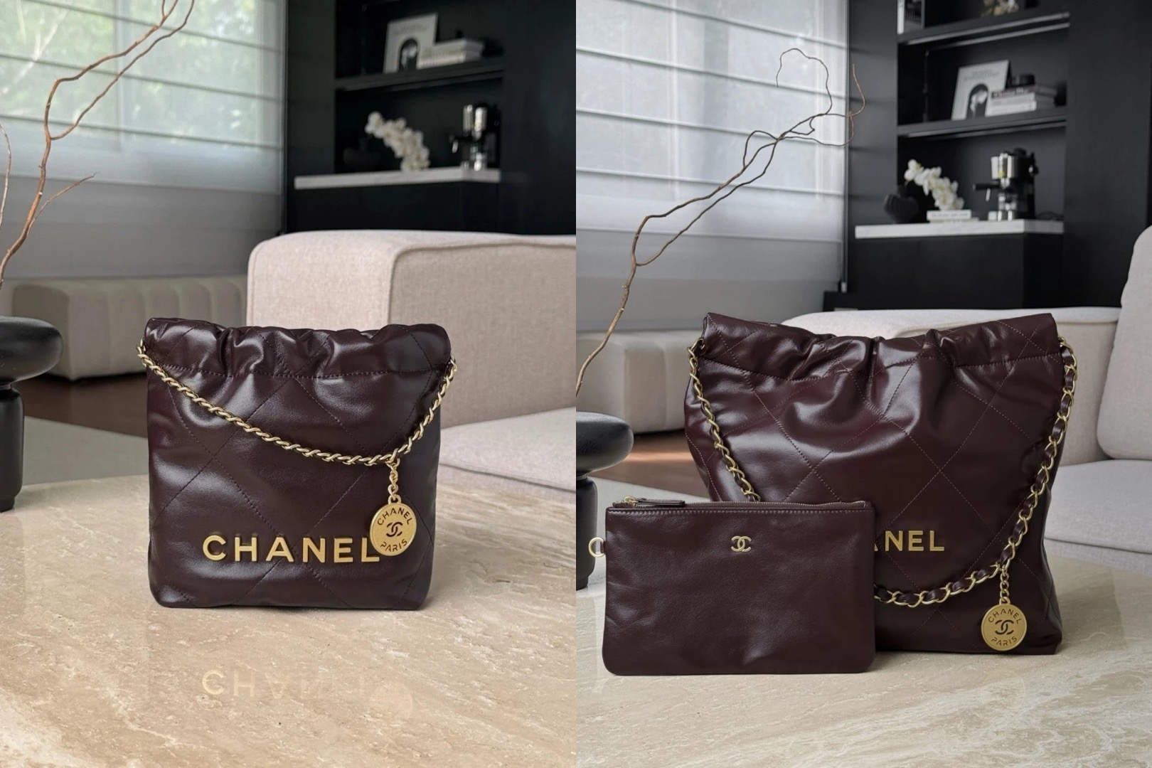 CHANEL Shiny Calfskin Quilted 22bag Dark Brown - image 8