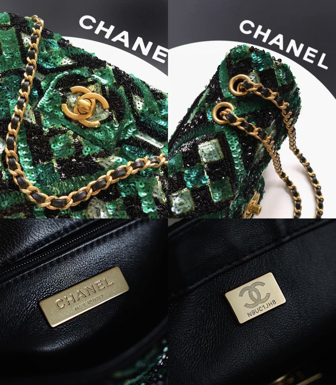 CHANEL Green and Black Mosaic Sequin Mini Flap Bag Gold Hardware - image 8