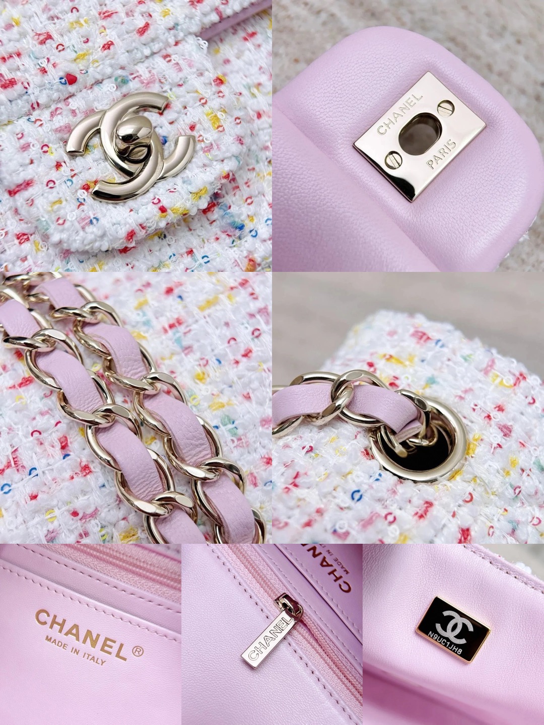 CHANEL Tweed Sequin Quilted Mini Rectangular Flap White Pink - image 7