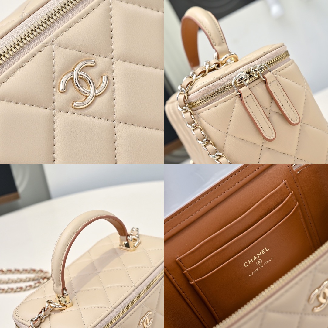 CHANEL Lambskin Quilted Small Top Handle Vanity Case With Chain Ecru Dark Beige - image 8