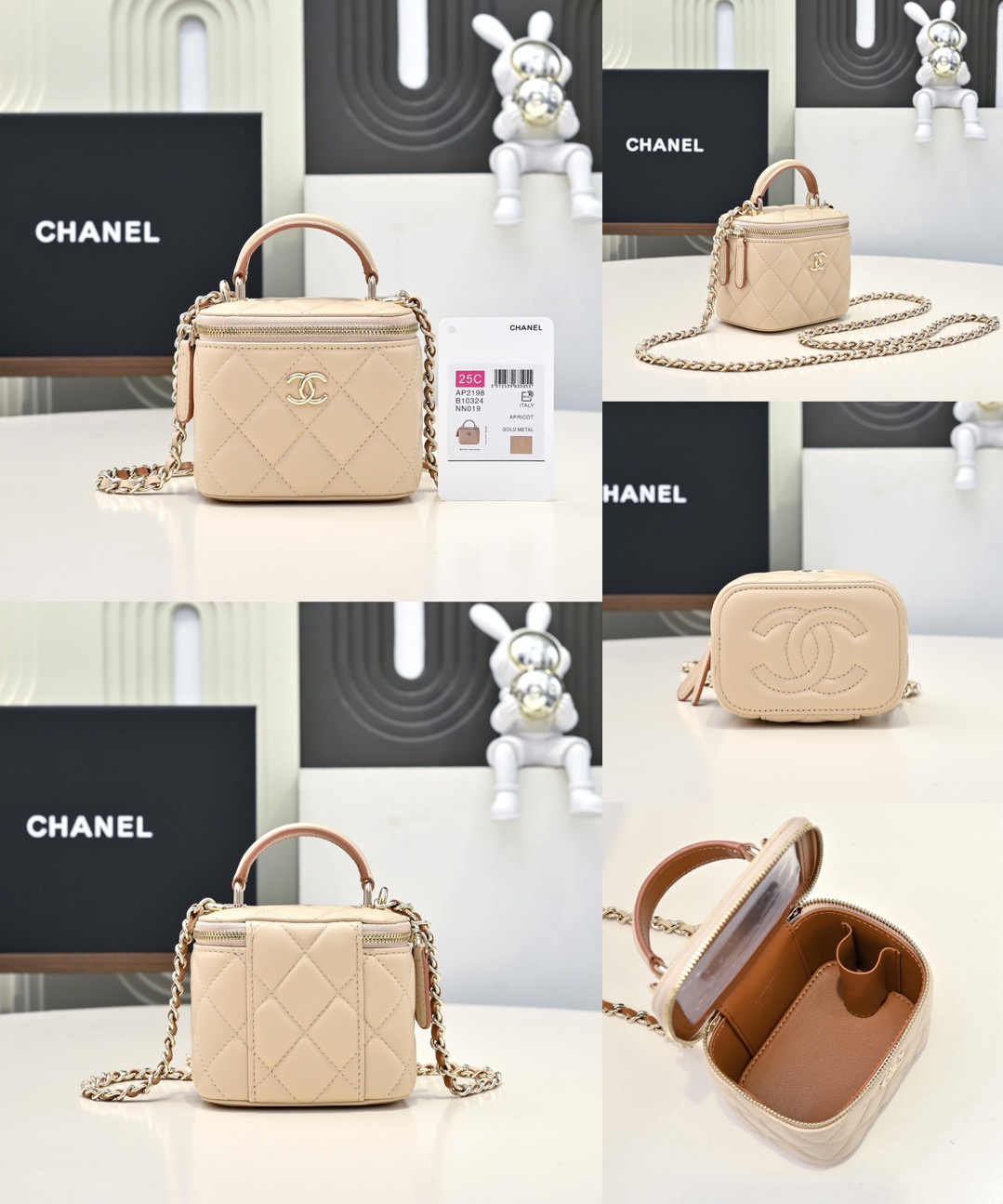 CHANEL Lambskin Quilted Small Top Handle Vanity Case With Chain Ecru Dark Beige - image 9