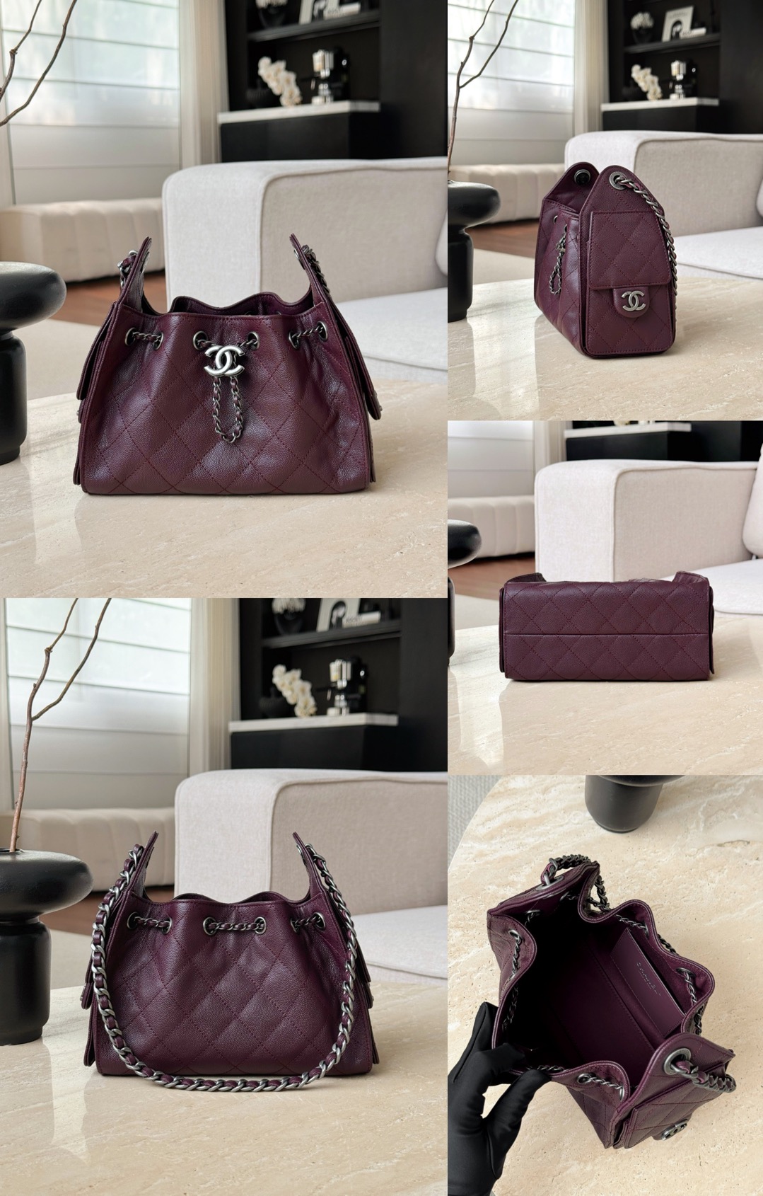 CHANEL 25 Hobo Bag Caflskin Dark Burgundy With Charcoal Color Hardware - image 9