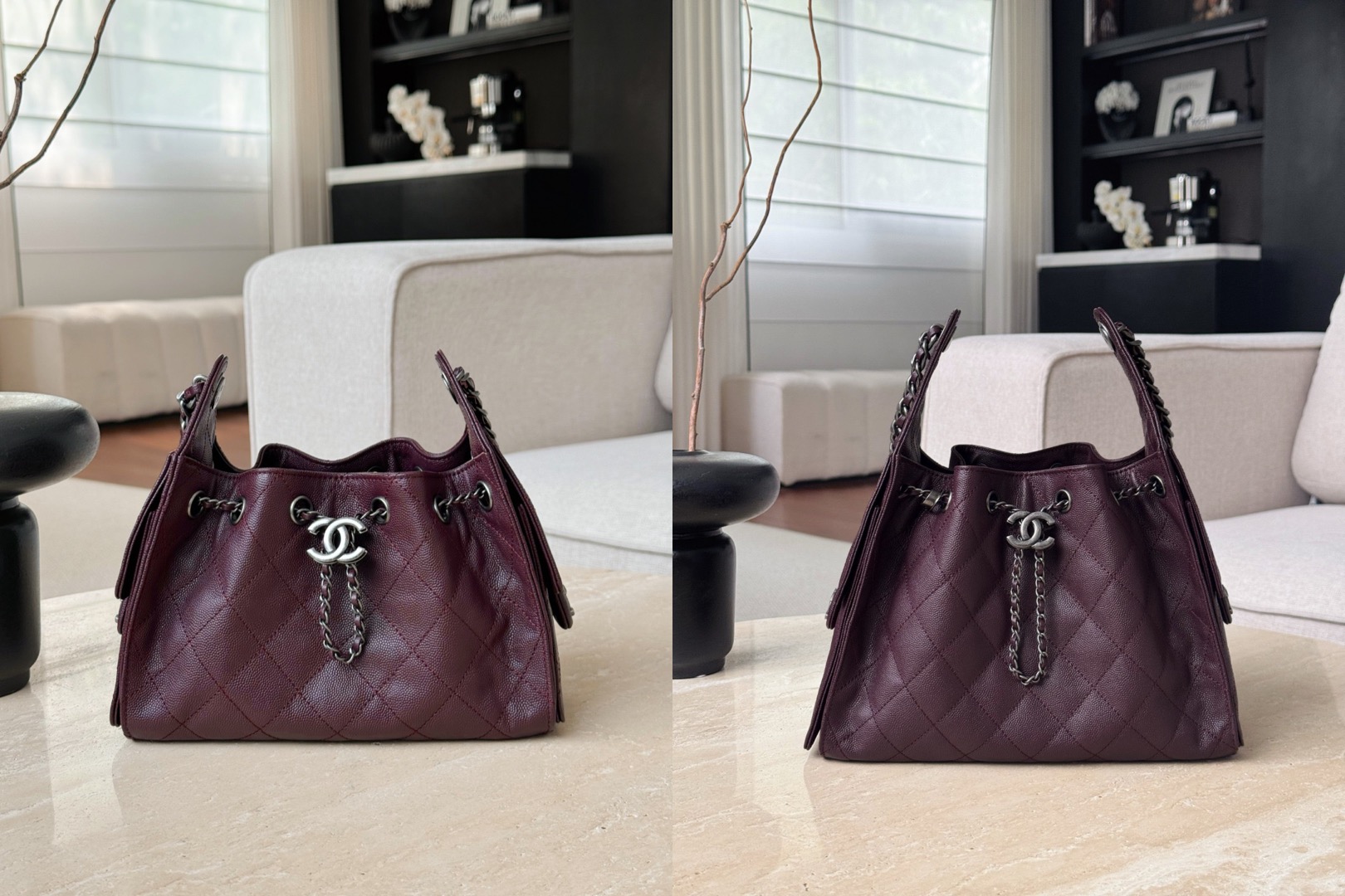 CHANEL 25 Hobo Bag Caflskin Dark Burgundy With Charcoal Color Hardware - image 7