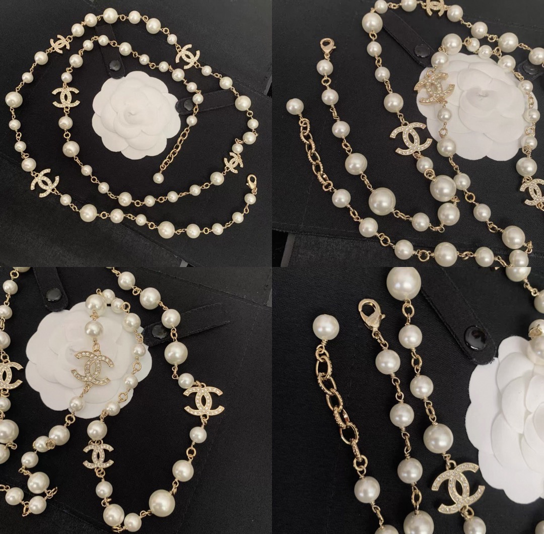 CHANEL Necklace Metal, Glass & Strass  Silver & Pearly White - image 9