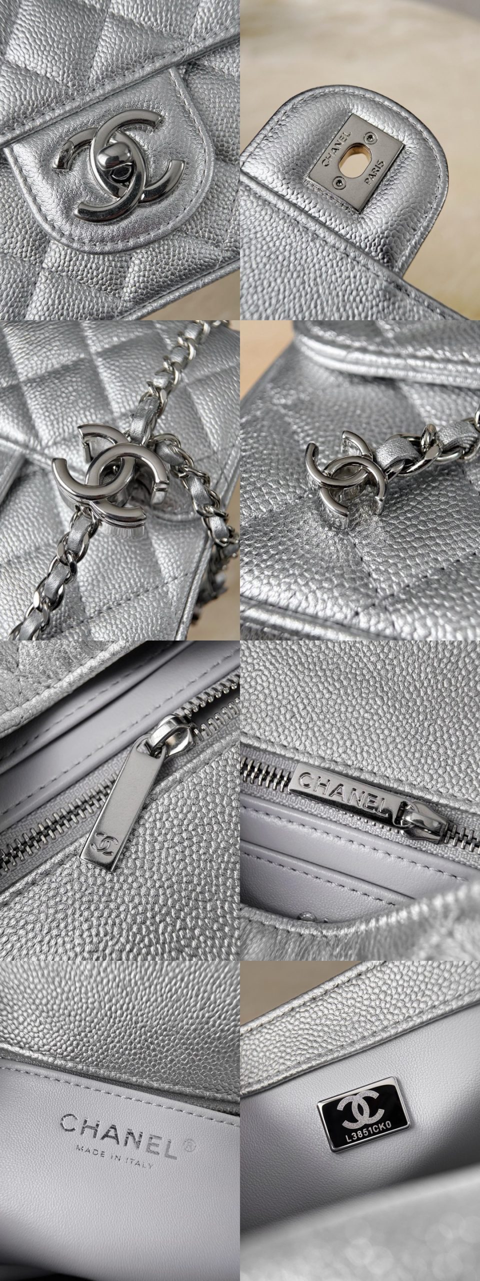 CHANEL Metallic Caviar Quilted Mini Rectangular CC Slide Flap Silver - image 8